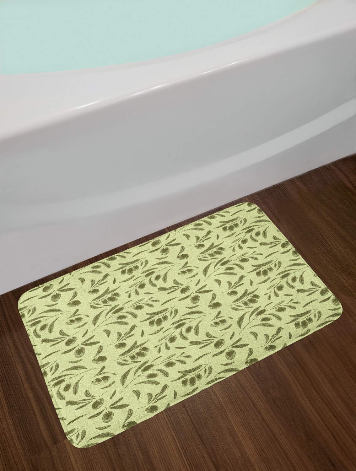 Ambesonne Non-Slip Plush Bath Mat - Retro Botanical Olive Branch & Leaf Pattern, 30.2