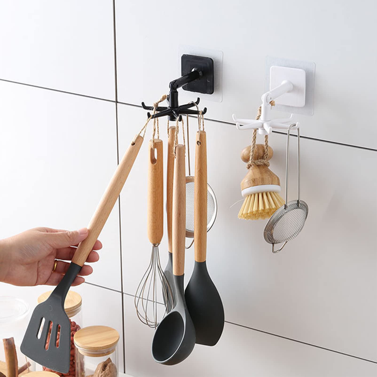 Zerodeko 4-Pack No Drill Rotating Hooks - Heavy Duty Wall Hangers for Kitchen, Bathroom, Cabinet & Shelf Organization - Space Saving Multi-Purpose Hooks for Utensils, Towels, Robes & Home Decor
