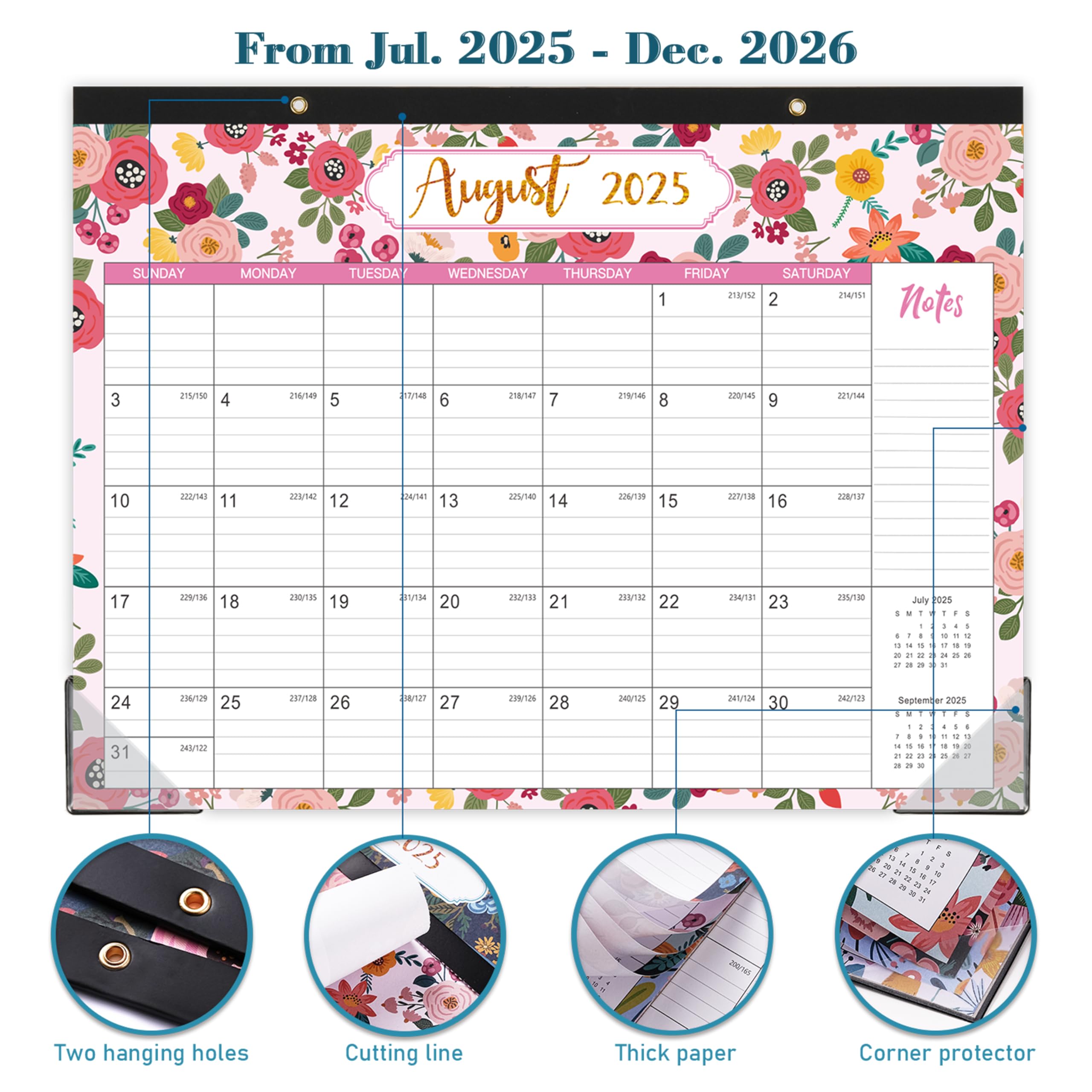 2025-2026 18-Month Desk Calendar Planner (July 2025 - December 2026) with Corner Protectors & Large Ruled Blocks - 14.5