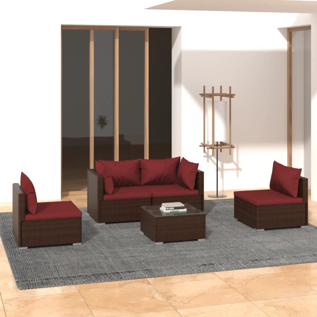 vidaXL 5-Piece Patio Lounge Set - Brown Poly Rattan Outdoor Garden Furniture with Cushions, Sectional Corner Sofa for Backyard, Poolside & Terrace Relaxation