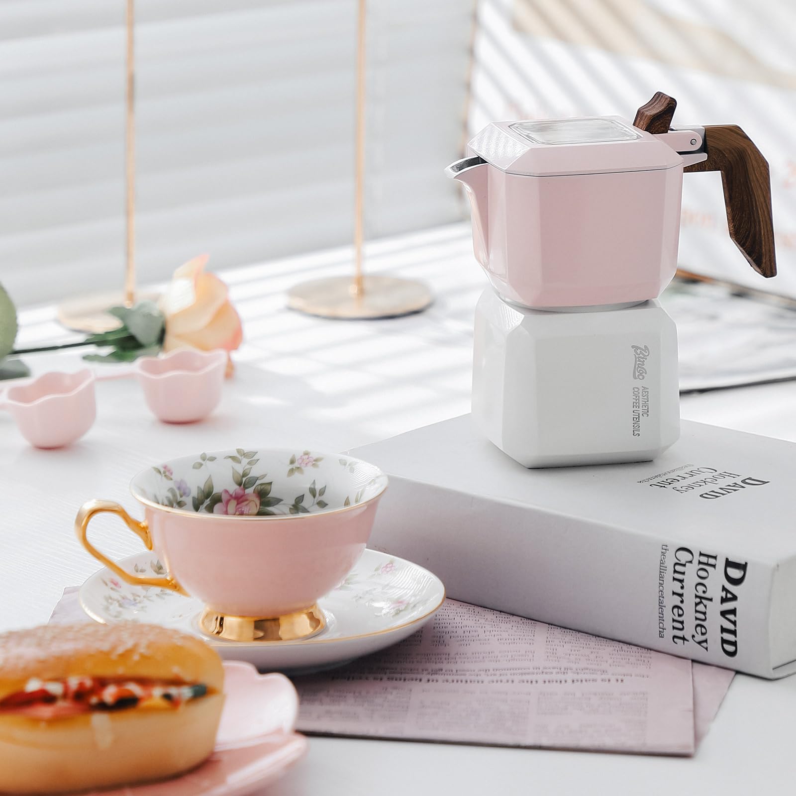 Bincoo 2-Cup Stovetop Espresso Maker - Italian Moka Coffee Pot with Double Valve & Filter Paper, 120ML/4oz (Pink-White) - Perfect for Home Brewing, Camping & Gifts