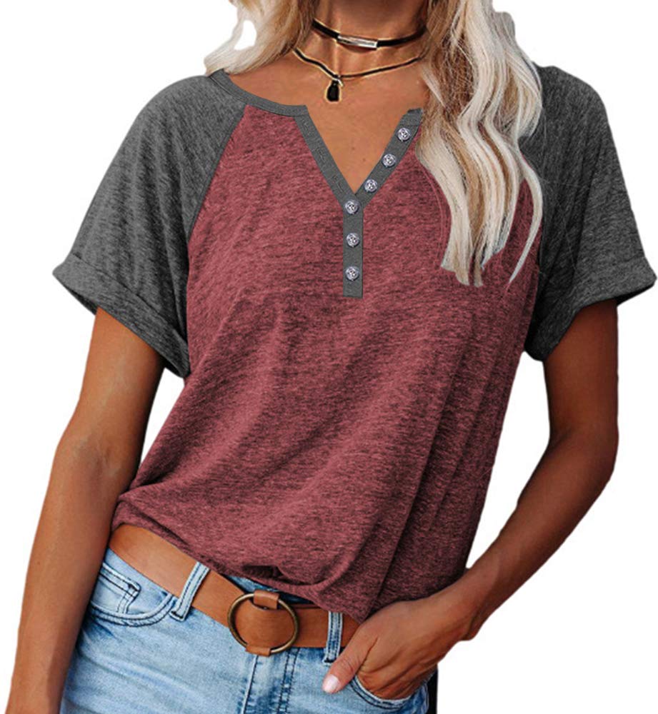 MaQiYa Women's V-Neck Color Block Tunic T-Shirt - Soft Cotton Short Sleeve Casual Top for Summer | Perfect for Work, Weekend & Vacation Outfits
