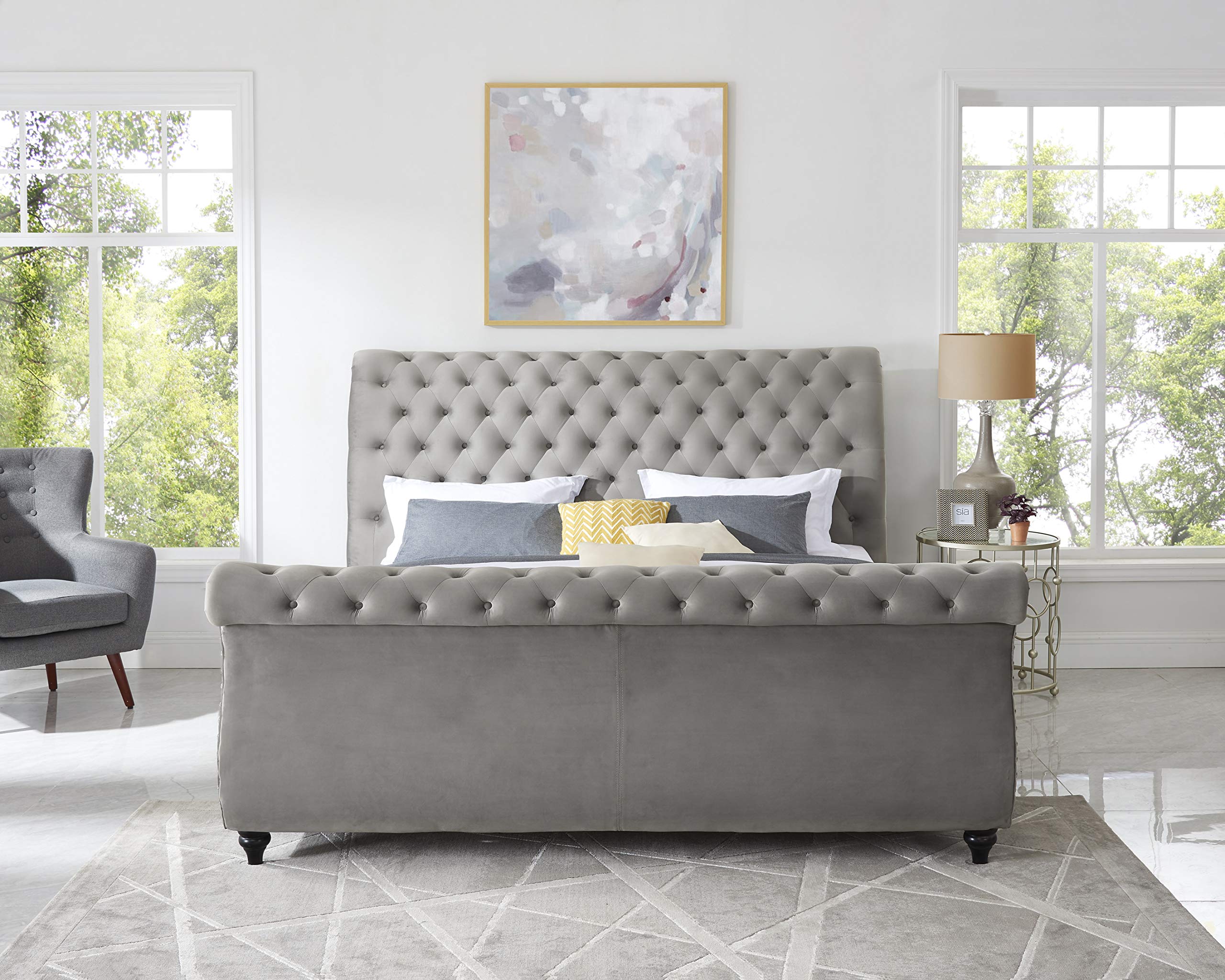 Roundhill Furniture Evora Velvet Upholstered Button Tufted King Size Bed with Storage, Gray - Luxurious Bedroom Furniture for Master Suite & Guest Room