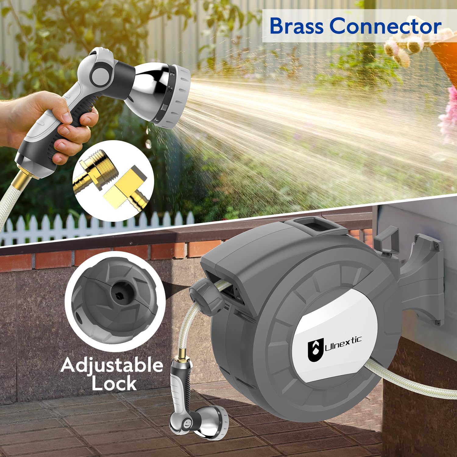 Retractable Garden Hose Reel - 1/2 Inch x 100 Feet Wall Mounted Water Hose with 10-Pattern Spray Nozzle, Any Length Lock & Slow Return System, 180° Swivel Bracket - Perfect for Lawn Care, Car Washing, and Outdoor Cleaning