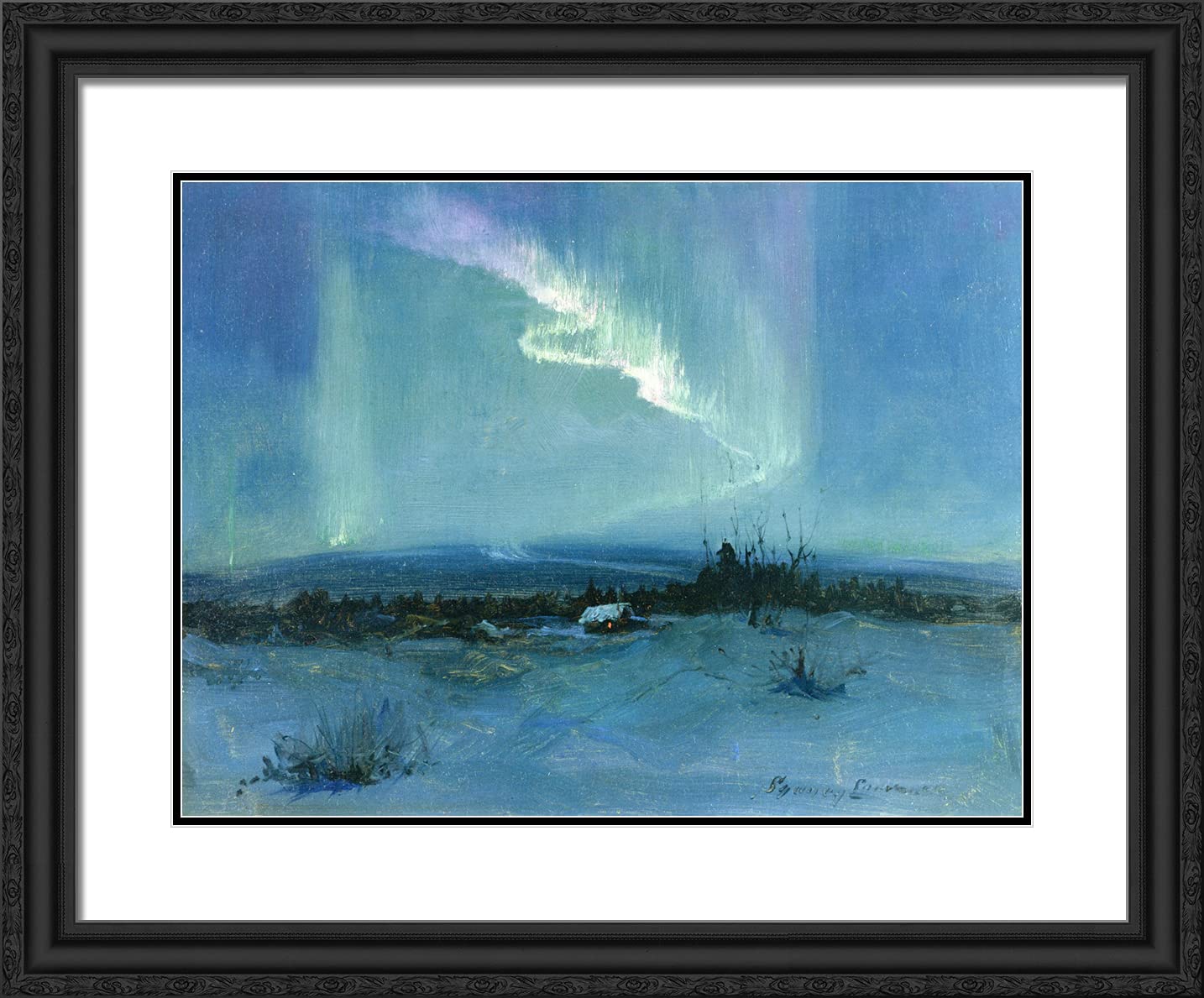 Laurence ArtDirect 24x20 Black Ornate Framed Wall Art Print - Northern Lights Landscape Painting with Double Matting | Perfect for Living Room, Bedroom & Office Decor
