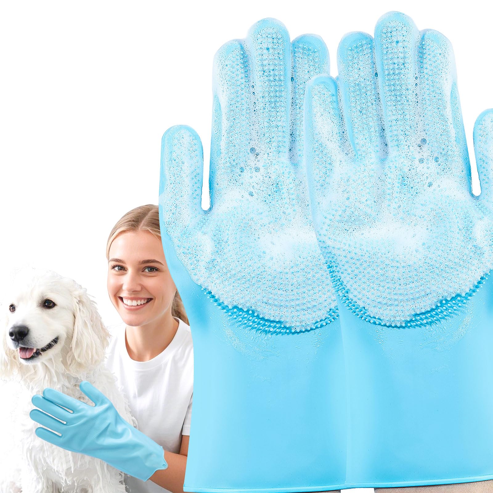 Pet Grooming Gloves - Silicone Bristle Dog Bathing Gloves for Washing, Massaging & Hair Removal - Heat Resistant 5-Finger Design for Dogs & Cats - Perfect for Bath Time, Shedding Season & Relaxing Pet Care
