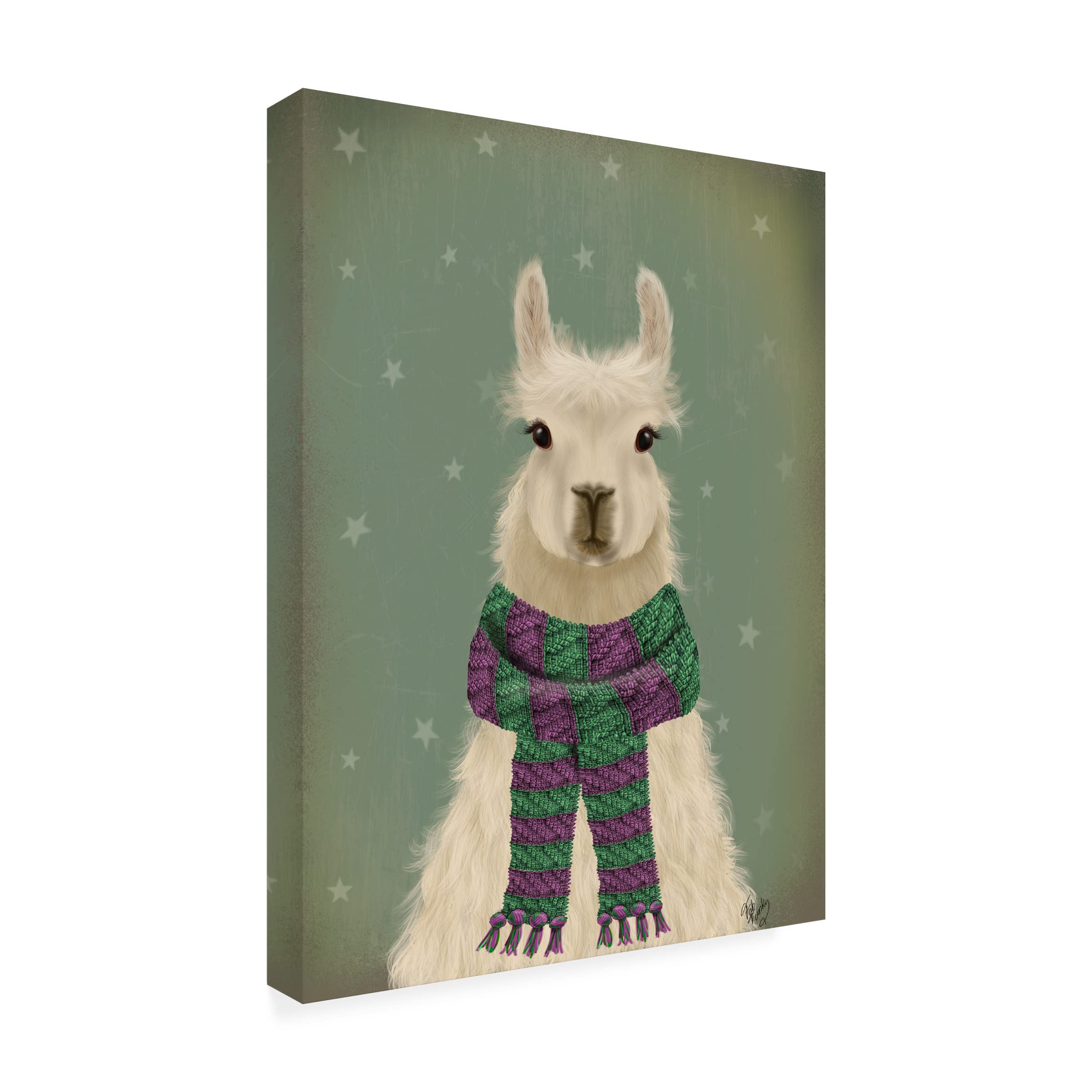 Fab Funky 'Llama with Purple Scarf' Canvas Wall Art Print - Modern Animal Portrait Painting for Living Room, Bedroom & Office Decor