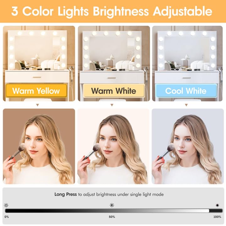 Vanity Desk with Lights - Makeup Vanity Desk with LED Mirror & USB Charging Station, 3 Adjustable Lighting Modes & Brightness, Vanity Set with Cushioned Stool - Perfect for Bedroom, Dressing Room & Beauty Salon