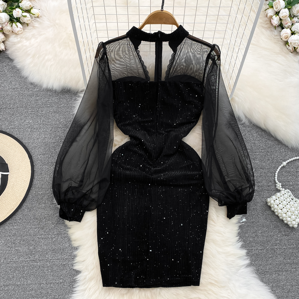 Elegant Autumn V-Neck Mesh Long Sleeve Sequin A-Line Party Dress for Women - Perfect for Evening Events, Holiday Parties & Special Occasions