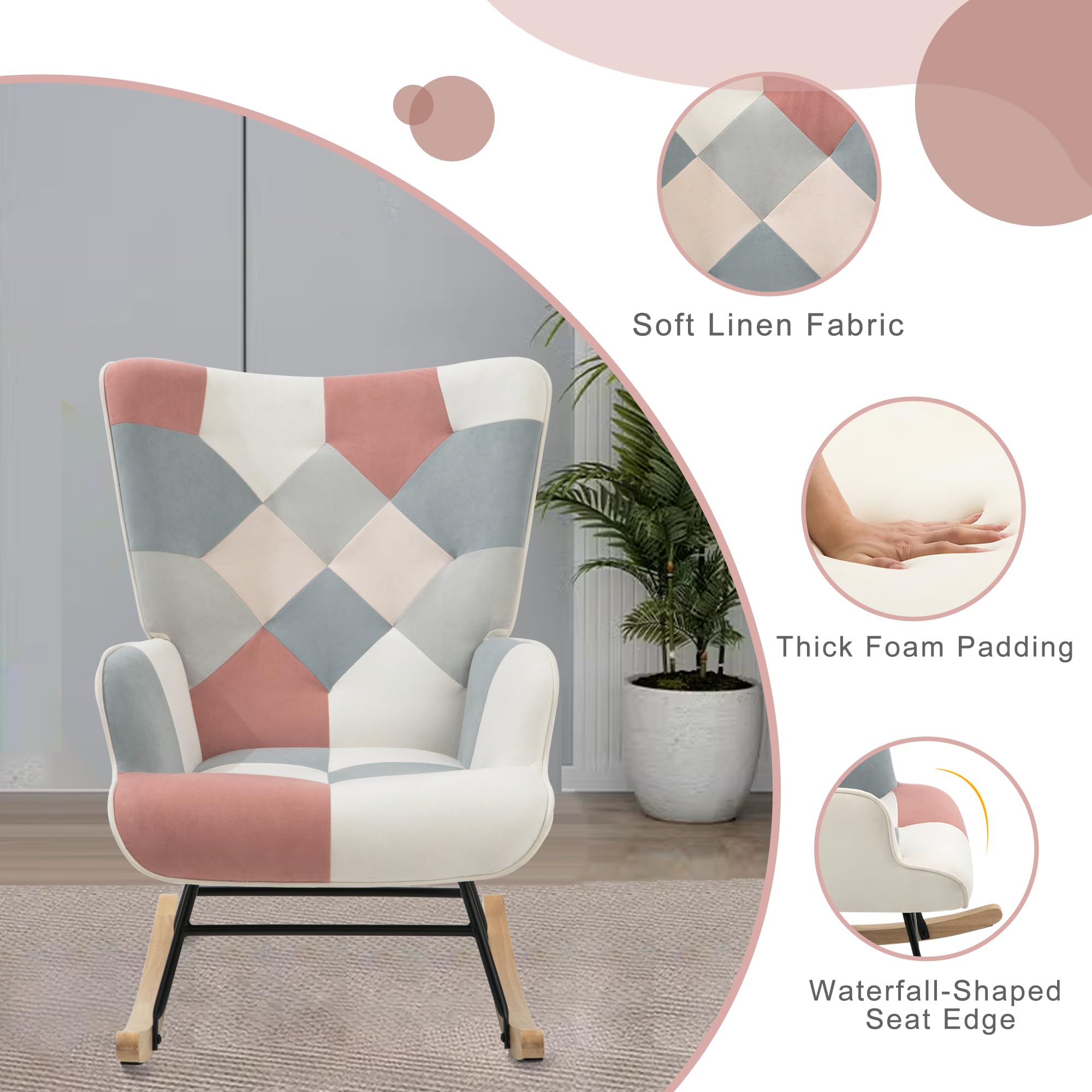 Patchwork Pink Upholstered Rocking Chair with Ottoman - High Backrest Glider Accent Chair for Nursery, Living Room & Bedroom - Comfy Small Side Armchair for Relaxing, Nursing & Reading