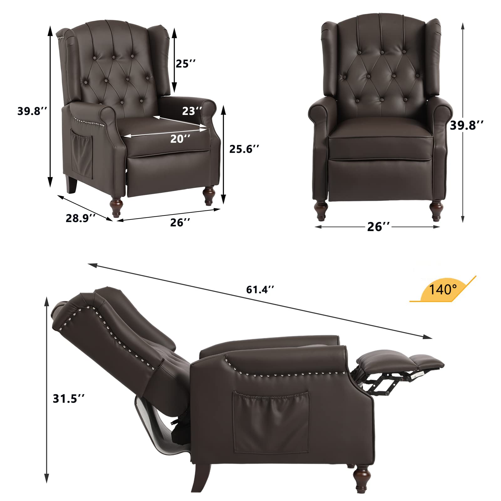 Elizabeth Vintage Style Wingback Recliner Chair - Tufted Upholstered Club Chair with Vibration Massage, Heating & Side Pockets | PU Leather Brown Living Room Accent Chair for Relaxation & Home Theater