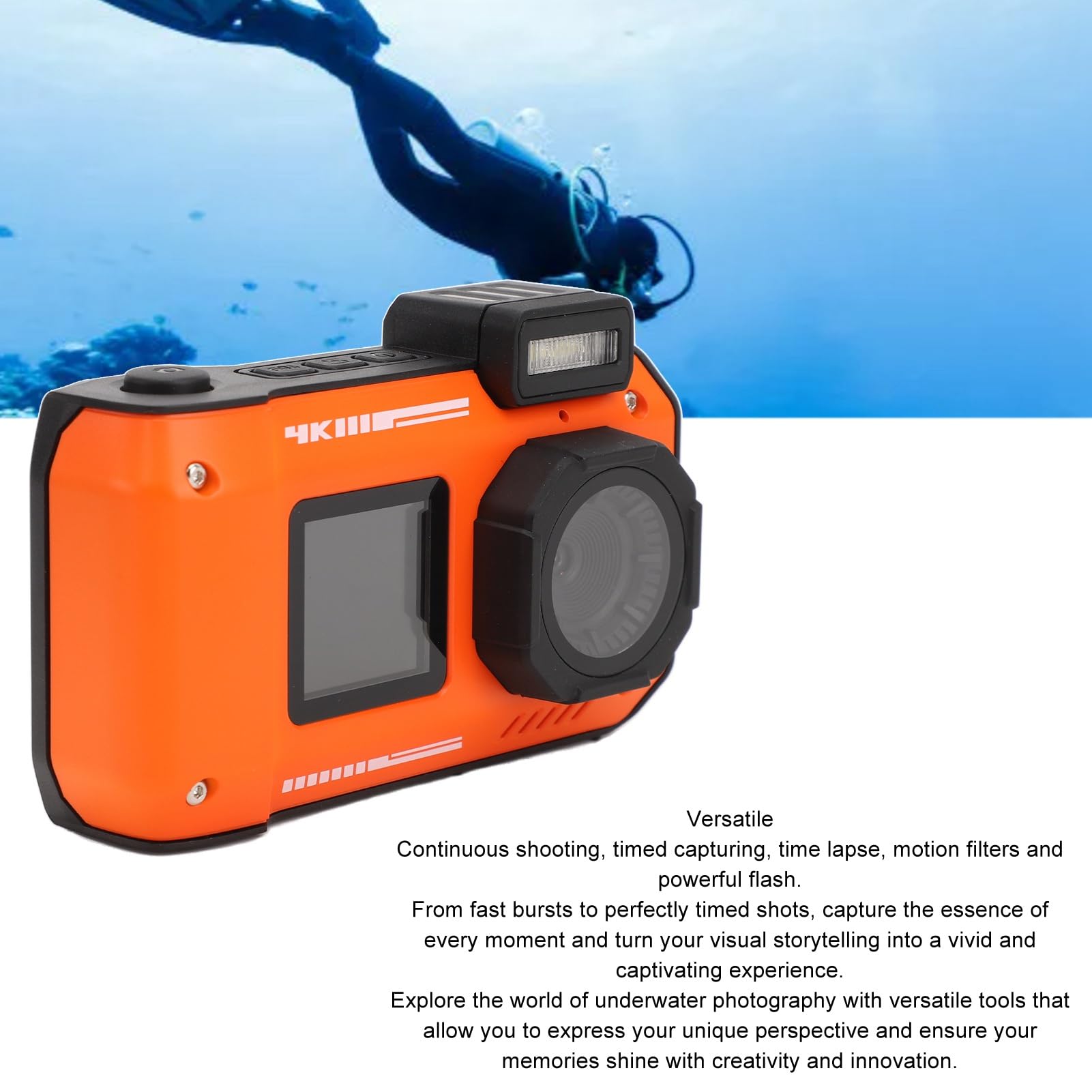 4K 65MP Dual Screen Underwater Digital Camera with 10x Zoom - Waterproof Snorkeling Camera for Diving, Swimming & Travel (Orange) - Perfect for Underwater Photography, Beach Vacations & Marine Exploration
