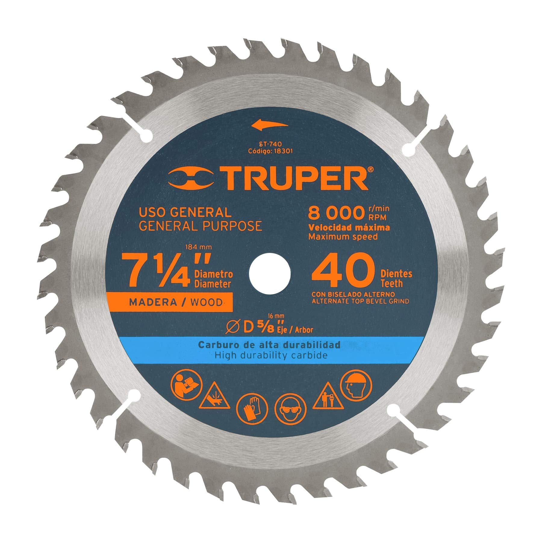 TRUPER ST-740 7 1/4 Inch 40-Tooth Circular Saw Blade with 5/8 Inch Arbor for Wood Cutting - Perfect for DIY Projects, Carpentry, and Woodworking