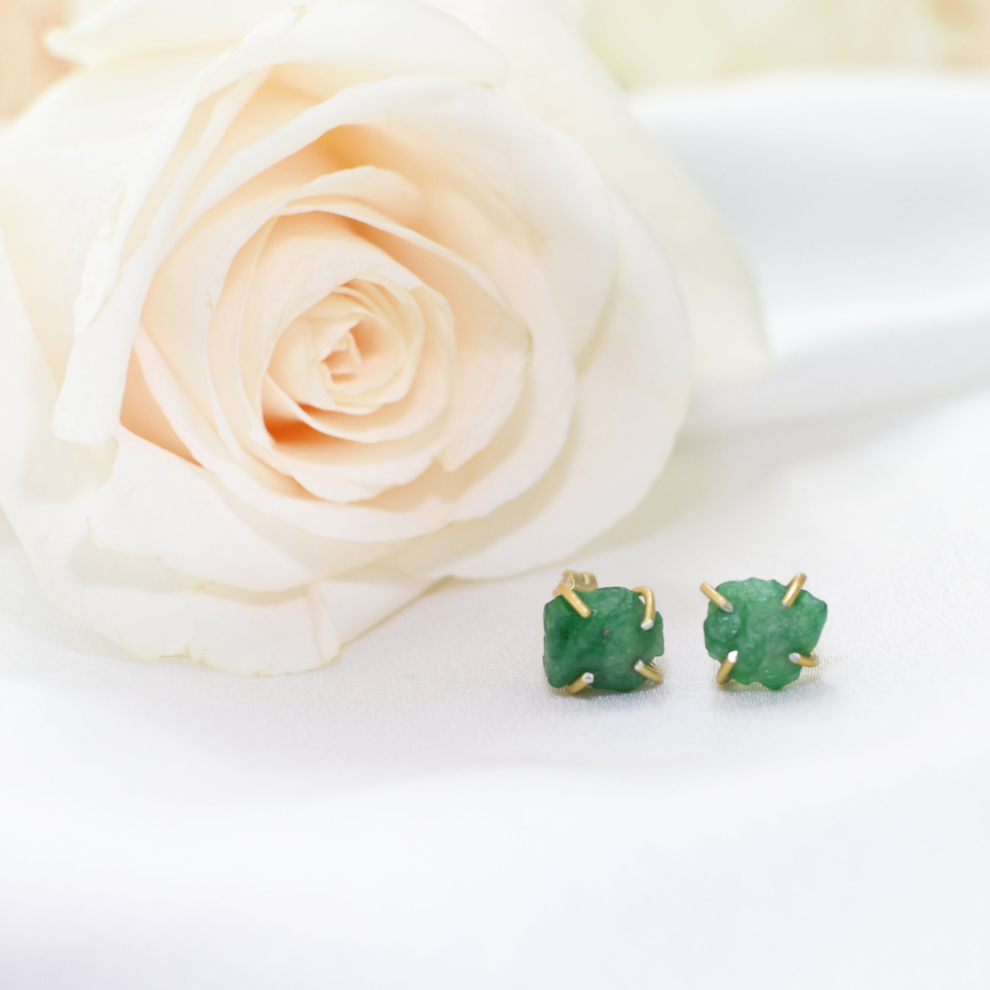 14K Gold Filled Raw Emerald Huggie Stud Earrings - Natural Gemstone Jewelry for Women, Perfect for Everyday Wear & Special Occasions