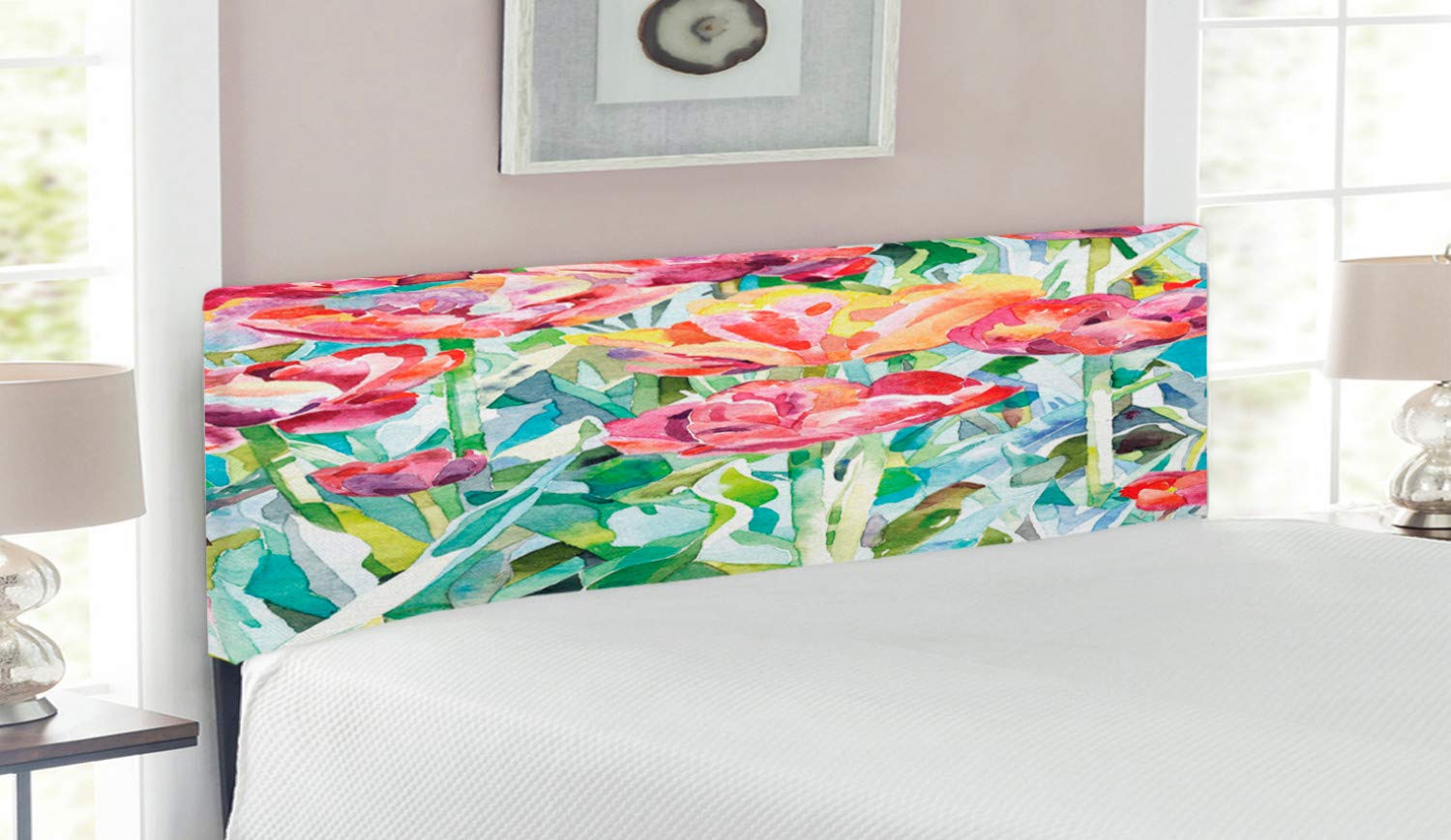 Ambesonne Floral Upholstered Headboard - Queen Size Watercolor Flower Design with Memory Foam, Faded Summer & Spring Colors for Bedroom Decor | Perfect for Master Bedrooms, Guest Rooms & Bohemian Style Homes