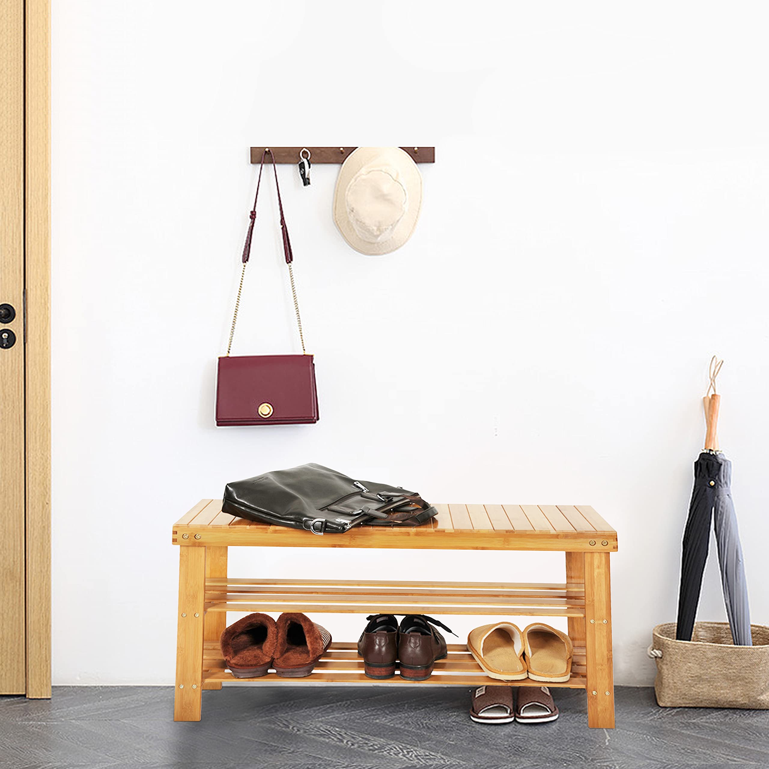 Knocbel 3-Tier Bamboo Shoe Bench - 35.5 Inch Long Entryway Storage Rack & Shoe Organizer (Natural Bamboo) - Perfect for Hallway, Closet & Mudroom Organization