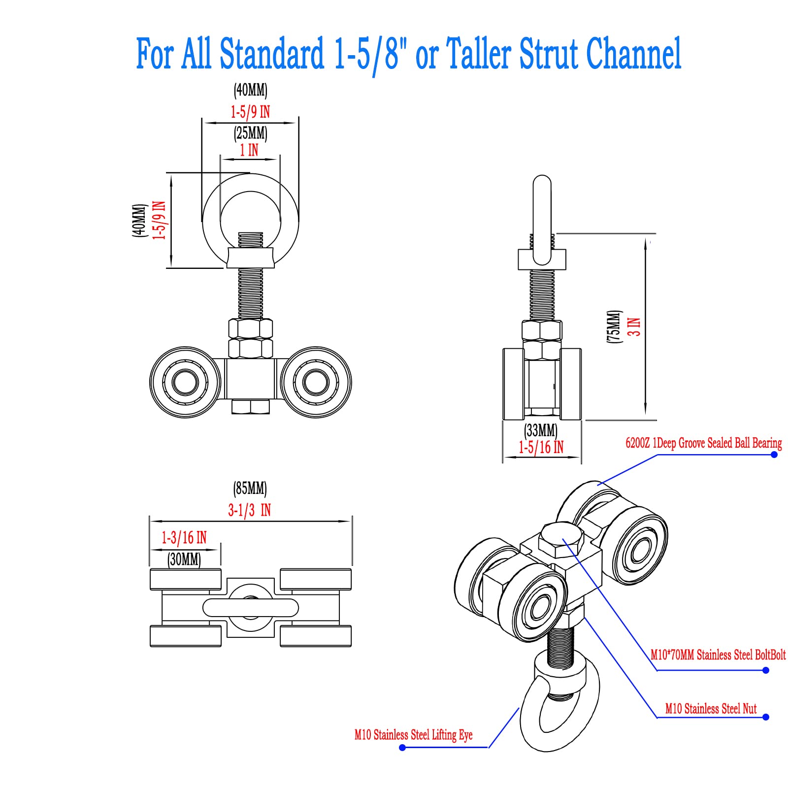 8 Pack M10T4 Silent Wheel Trolley Assembly with 4 Bearing Rollers - Heavy Duty Caster Wheels for Smooth & Quiet Movement - Perfect for Shopping Carts, Furniture, Workbenches & Industrial Equipment
