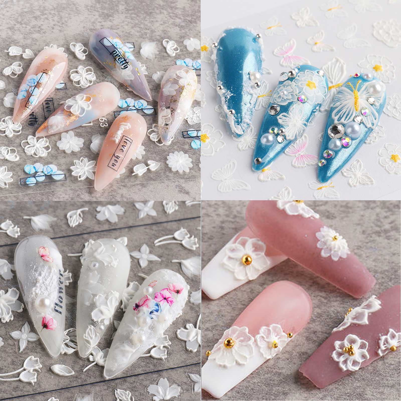 5D Flower Nail Art Stickers - 4 Sheets Embossed Self-Adhesive French Manicure Decals for Women, White Floral Butterfly Leaf Designs - Perfect for Valentine's Day, Holidays & DIY Acrylic Nails - Salon Quality Nail Art Supplies for Home & Professional Use