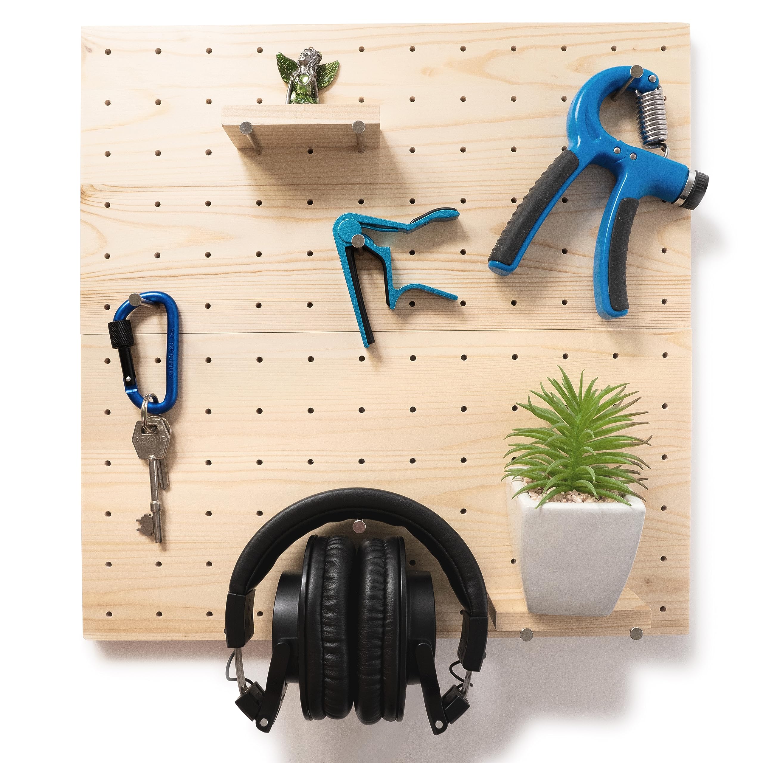 Modular Wooden Pegboard Wall Organizer with 2 Shelves, 2 Boards & 8 Pegs - Space Saving Storage Solution for Kitchen, Garage, Office & Dorm - Includes 3 Wall Hooks - Perfect for DIY Projects, Tool Organization & Home Decor Display