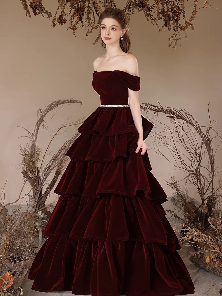 Elegant A-Line Off-Shoulder Velvet Burgundy Long Prom Dress - Formal Evening Gown for Homecoming, Ball & Special Occasions