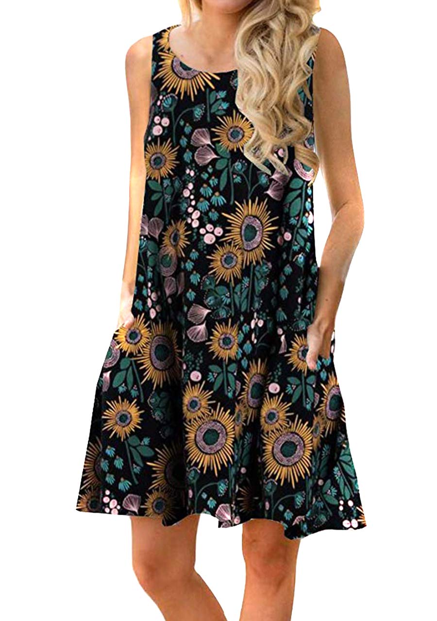 OMZIN Women's Sleeveless Swing Dress - Flared Tank Mini Dress with Pockets for Summer | Casual Outfit, Beach Wear, Vacation Dress, Party Dress