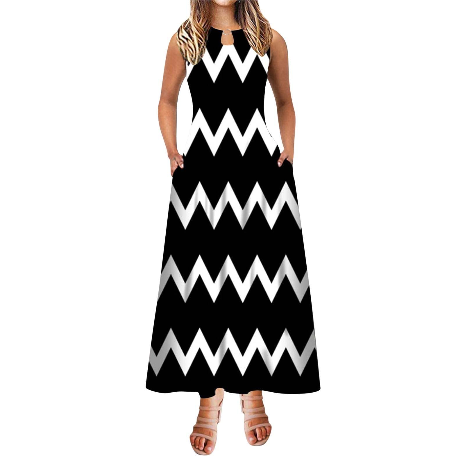 White A-Line Maxi Dress for Women - Floral Print Sleeveless Long Dress with Pockets, Round Neck Summer Dress | Perfect for Beach Vacations, Date Nights & Casual Outings