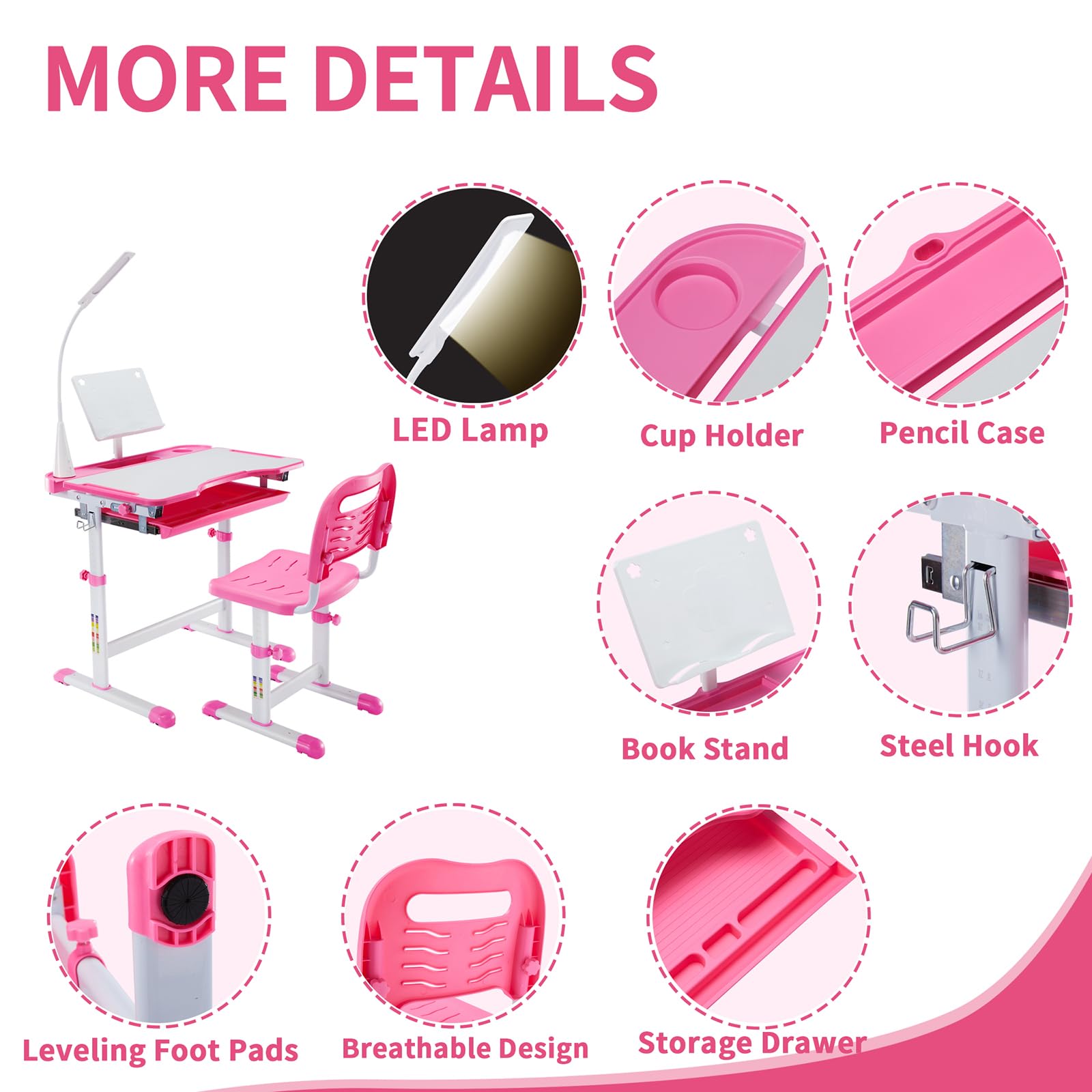 Diroan Adjustable Kids Study Desk and Chair Set - Ergonomic Height Adjustable Children's Desk with Tiltable Desktop, Book Stand, LED Light, Storage Drawer & Metal Hooks - Perfect for Homework, Reading & Online Learning (Pink)
