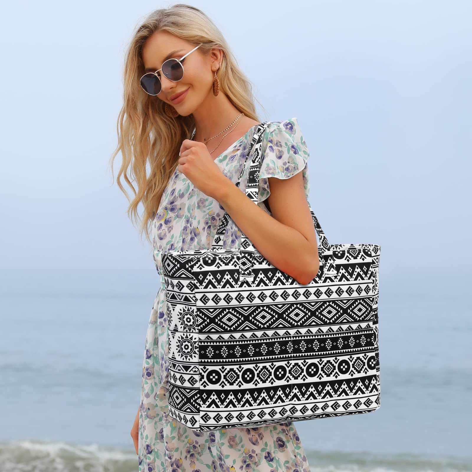 Waterproof Sandproof Large Beach Tote Bag for Women with Zipper & Wet Pocket - Perfect for Pool, Gym, Grocery Shopping & Travel Accessories | Durable Carryall for Summer Vacation, Beach Day & Outdoor Activities