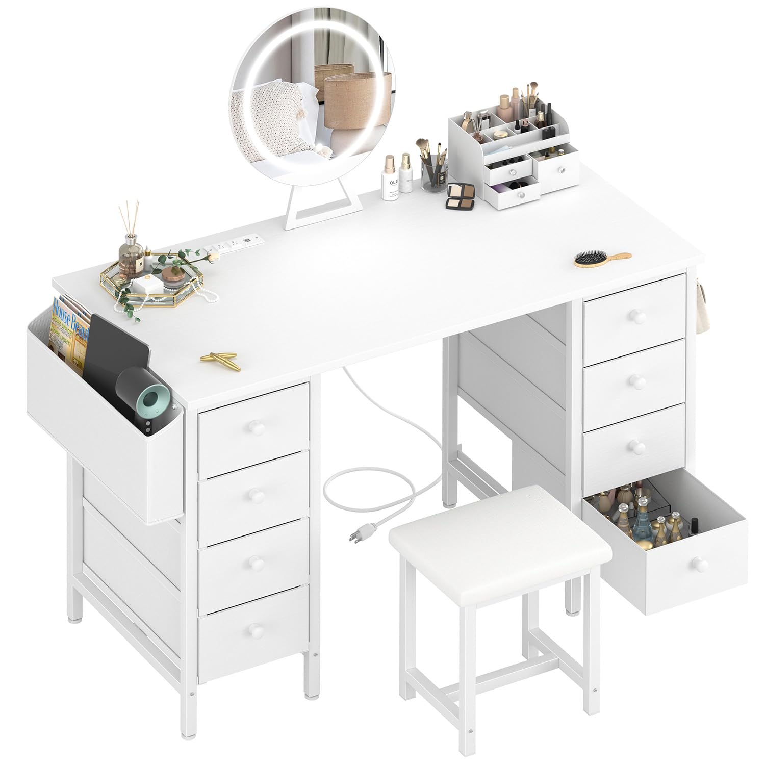 White Vanity Desk with Mirror & LED Lights - Makeup Dressing Table Set with Chair, 8 Fabric Drawers & Power Outlet | Perfect for Girls Bedroom, Home Beauty Salon & Bridal Makeup Station