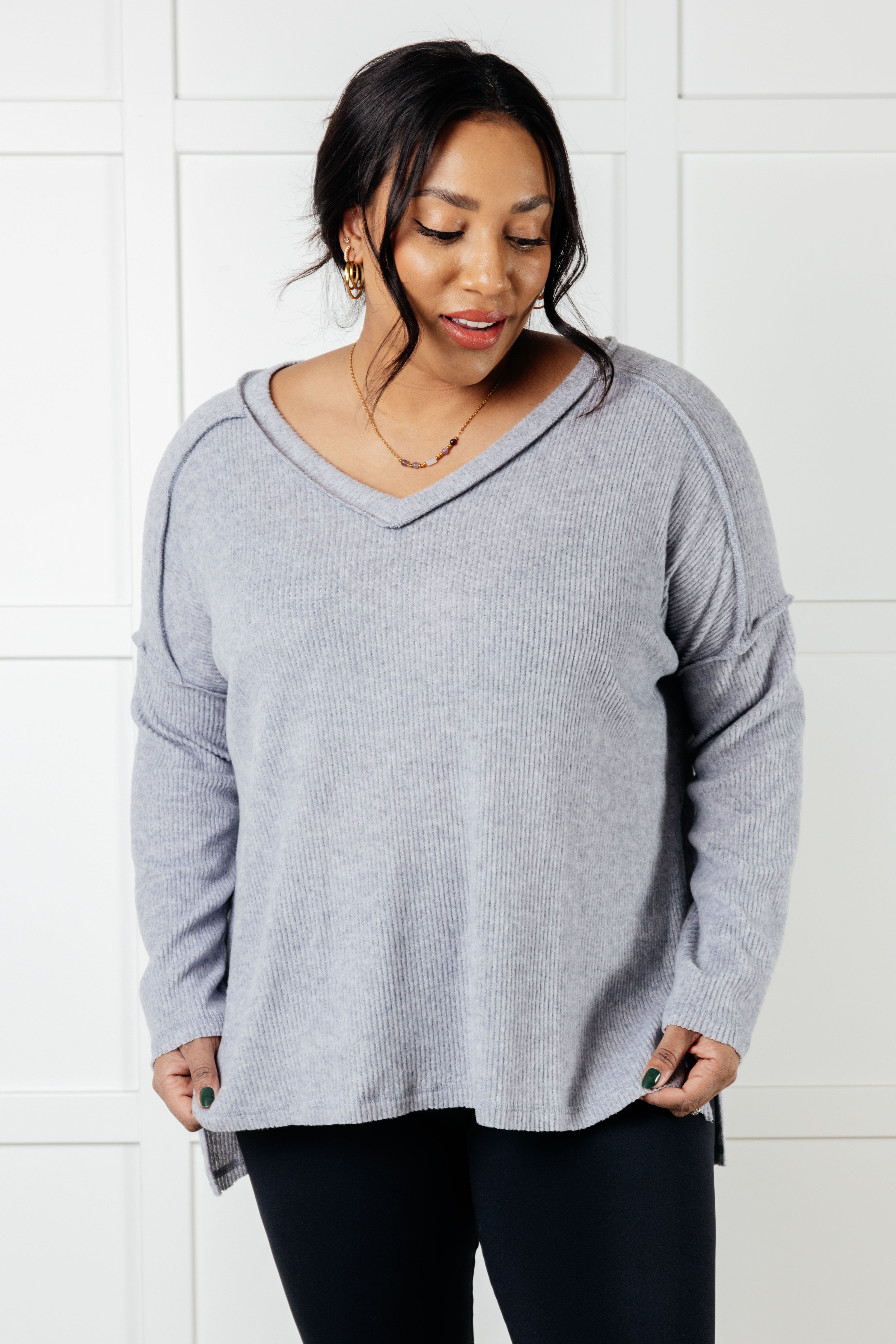 Soft Brushed Hacci Sweater Top in Heather Grey | Cozy Winter Pullover for Women | Perfect for Layering & Casual Outfits