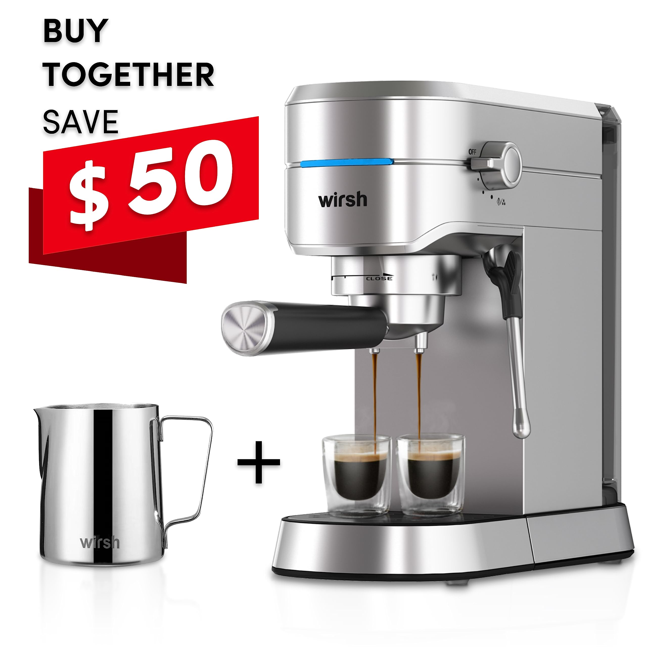 Premium Wirsh Espresso Machine Bundle with 12oz Stainless Steel Milk Frothing Pitcher - Perfect for Home Baristas & Coffee Lovers (Ideal for Lattes, Cappuccinos & Home Cafes)