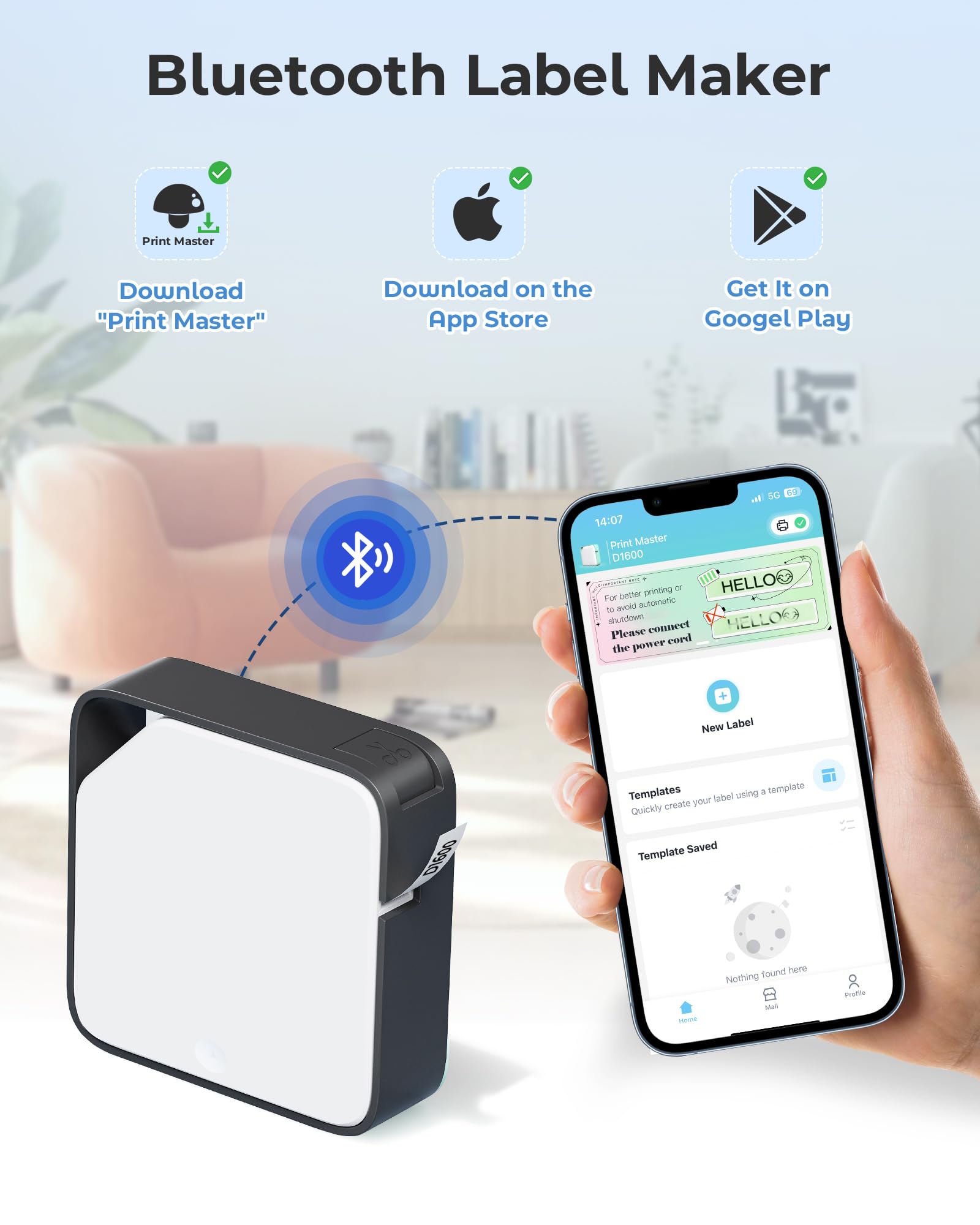 D1600 Portable Bluetooth Label Maker Machine - Wireless Label Printer for Home & Office Organization, Compatible with Android & iOS Phones, Inkless Rechargeable Handheld Labeler (Black) - Perfect for Pantry, Office Files, Craft Supplies & Storage Bins Labeling
