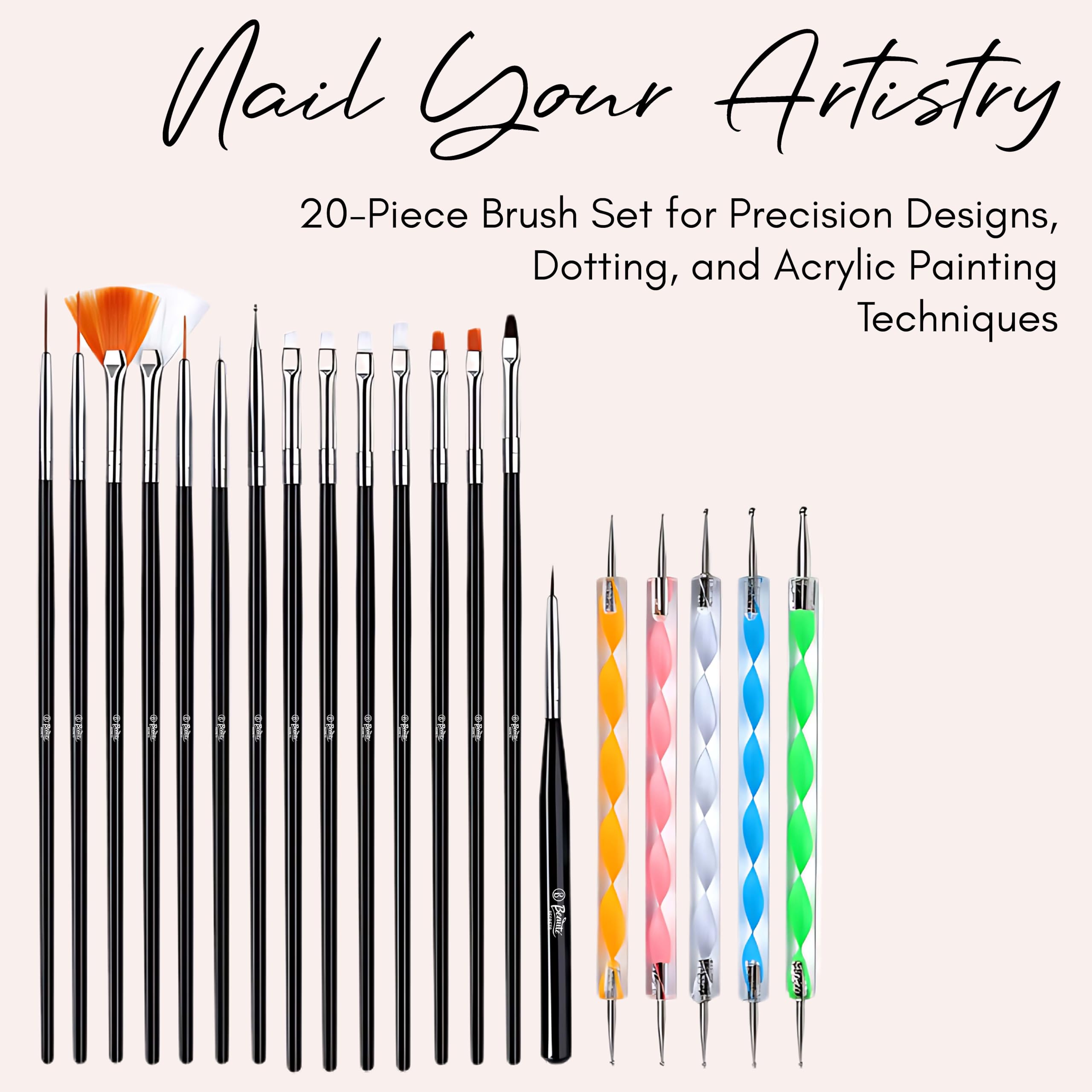 20 Pcs Professional Nail Art Brush Set for Acrylic, UV Gel & Nail Design - Dotting Tools, Painting Pens & Polish Brushes Kit for Salon, Home Manicure & DIY Nail Art