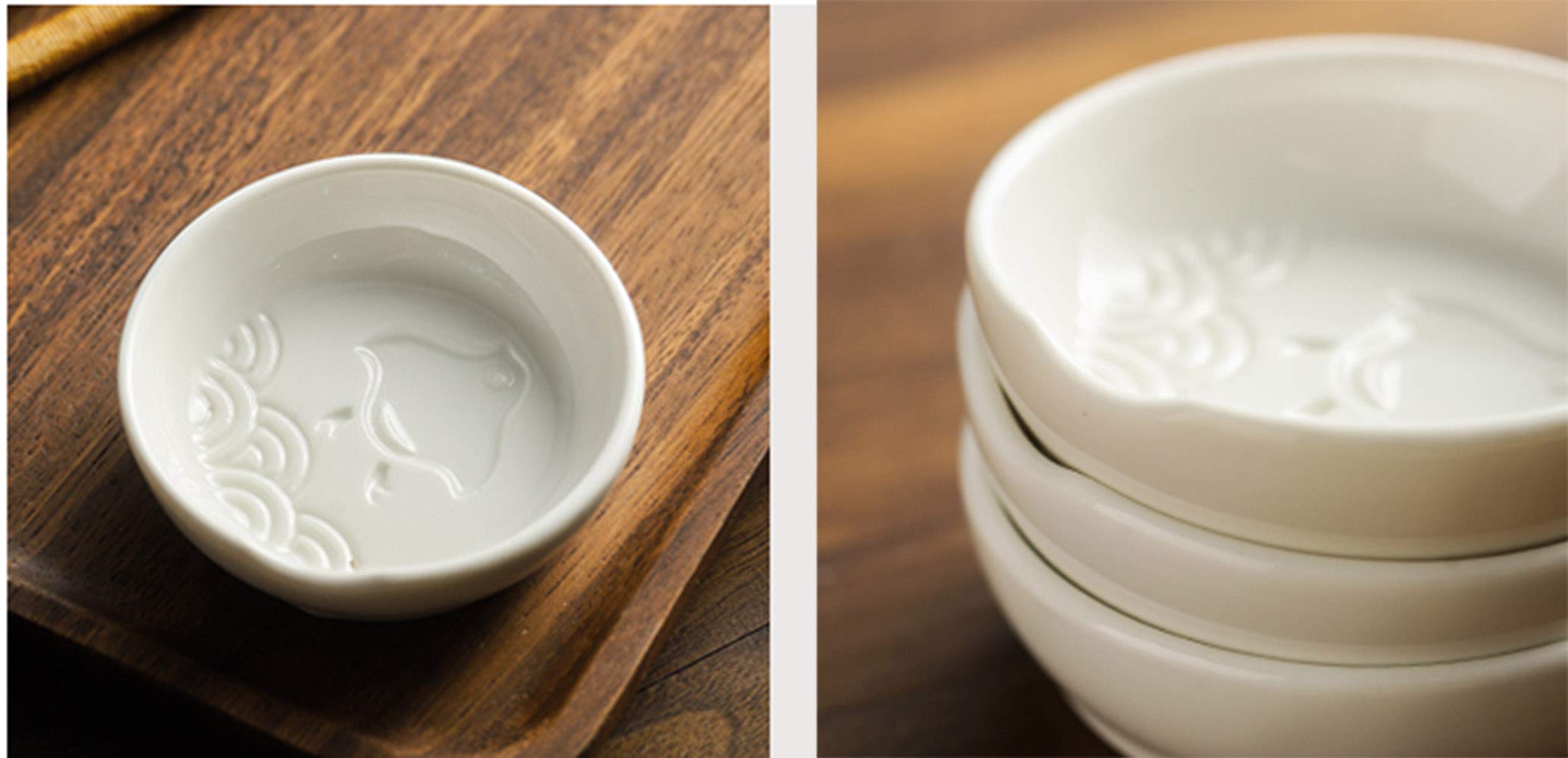 4-Piece Ceramic Japanese Relief Seasoning Dishes - 3-Inch Small Appetizer Plates for Soy Sauce, Wasabi & Sushi Condiments - Perfect for Sushi Bars, Home Dining & Asian Cuisine Presentation