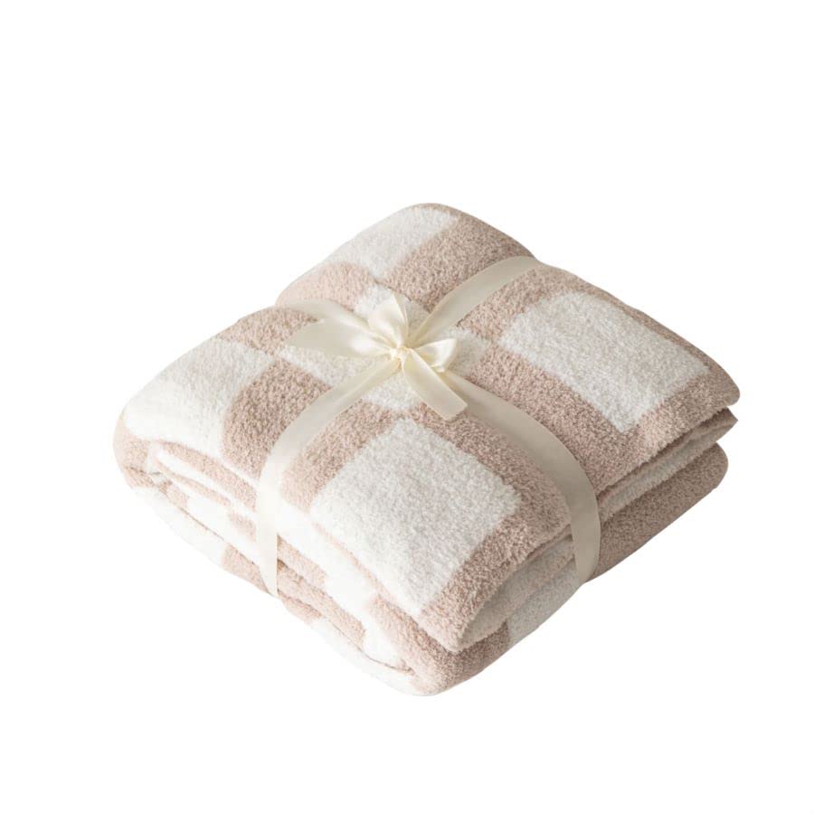 Ultra Soft Cozy Buffalo Check Plaid Microfiber Knit Lightweight Fleece Blanket - Twin Size 60x80 Inches - Perfect for Bed, Sofa, Couch & Travel - Cream Color