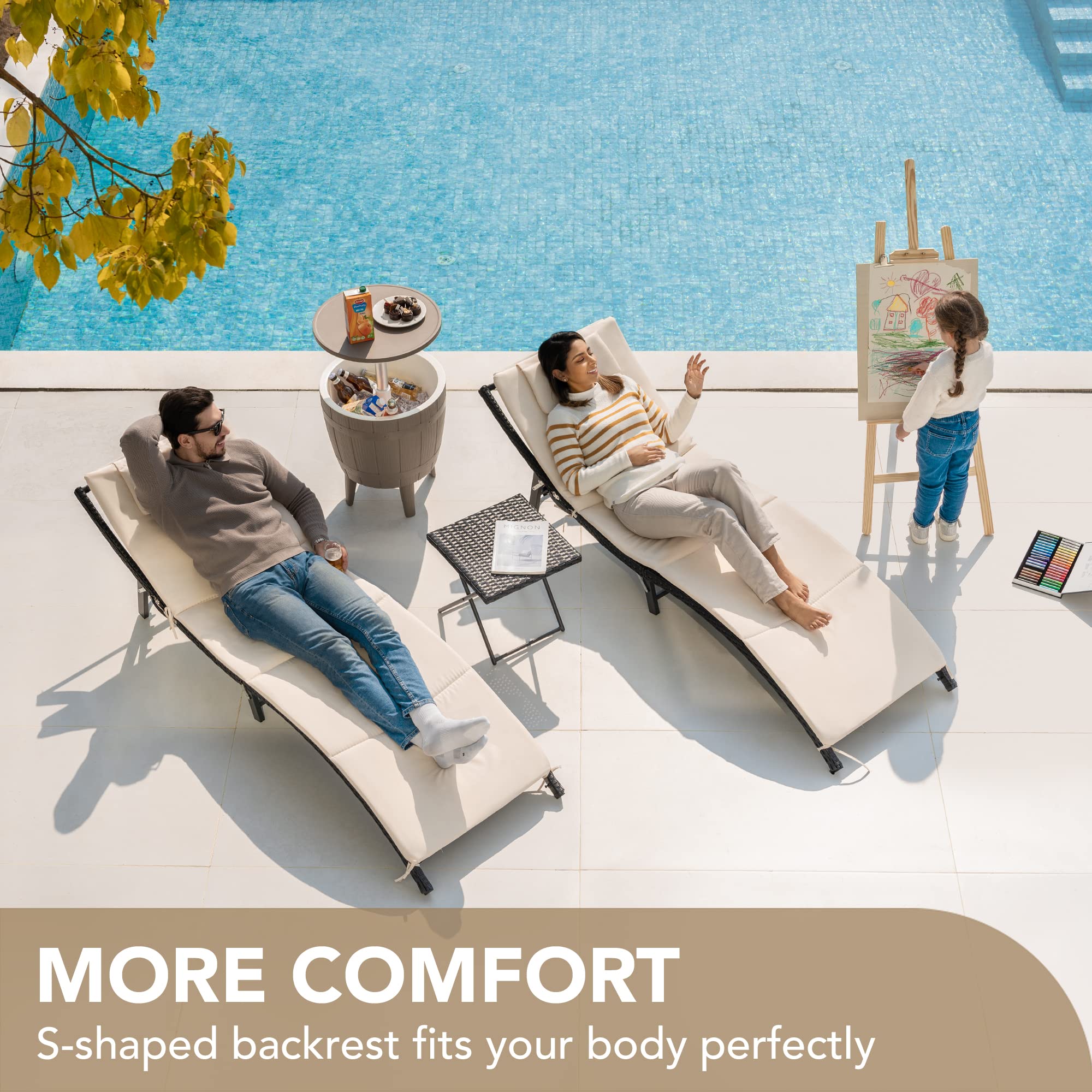 Devoko 3-Piece Outdoor Patio Chaise Lounge Set with Adjustable Back & Folding Table - Rattan Wicker Cushioned Chaise Lounge Chairs for Poolside, Garden, Backyard Relaxation (Beige)