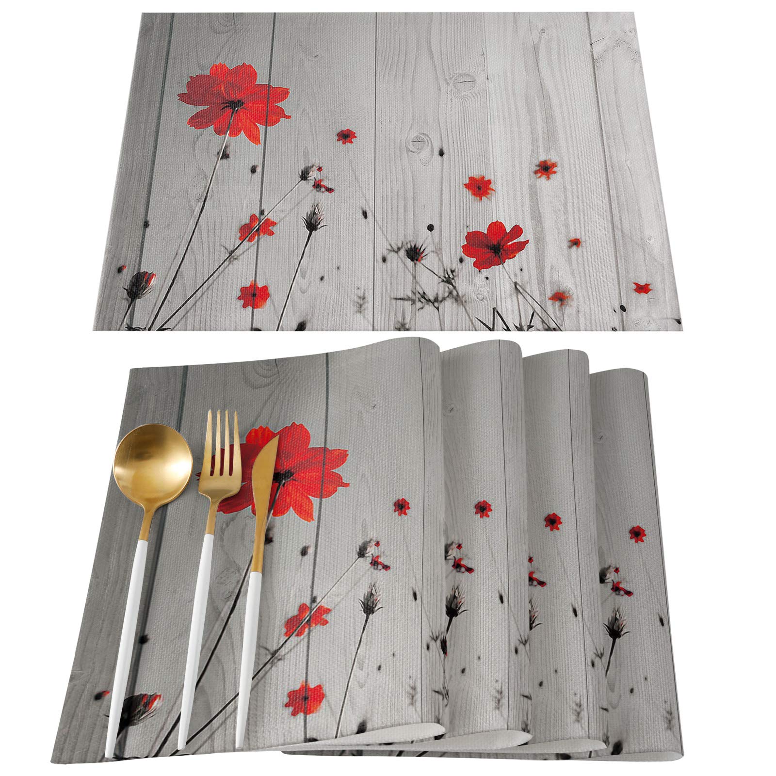 Red Poppy Flowers Placemats Set of 6 - 13x19 Inch Rustic Grey Farmhouse Cotton Linen Table Mats for Kitchen & Dining Room Decor, Washable Floral Placemats for Everyday Use, Dinner Parties & Holiday Entertaining