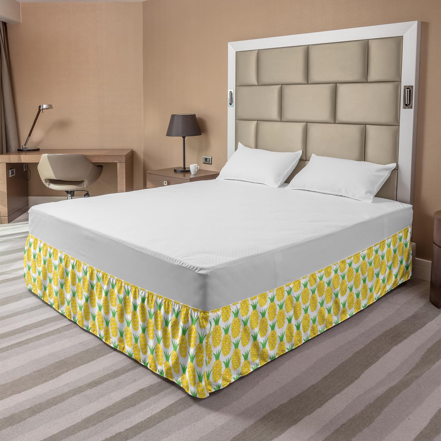 Ambesonne Pineapple Bedskirt - Queen Size, Yellow & Green for Tropical Bedroom Decor