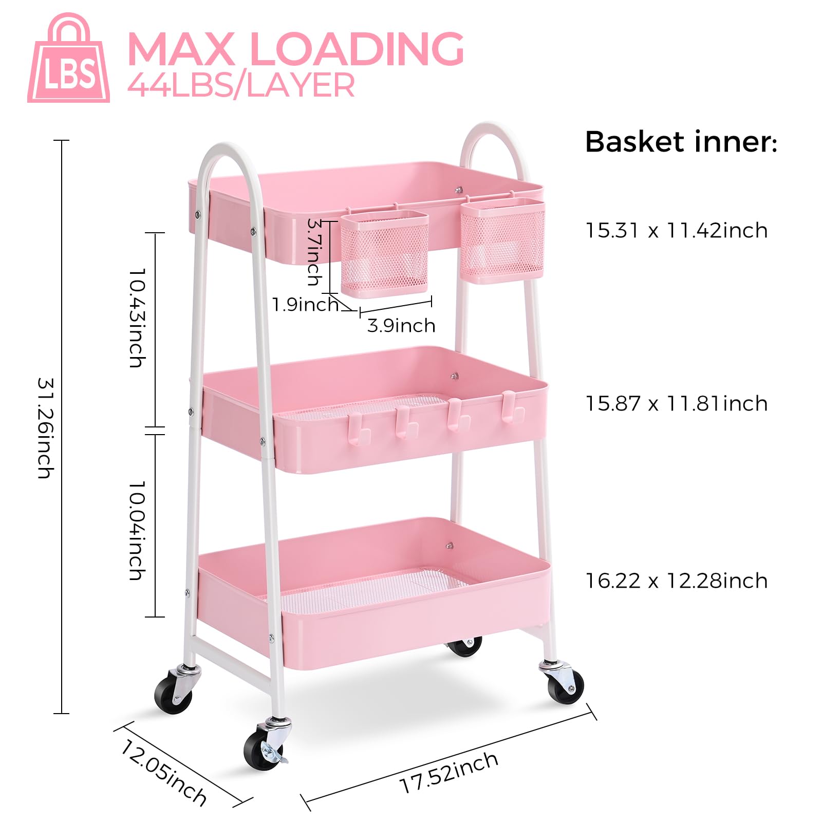 KINGRACK 3-Tier Metal Rolling Utility Cart with Locking Wheels, Handle & 2 Hanging Baskets - Pink Storage Organizer for Bathroom, Bedroom, Craft Room, Kitchen & Office - Perfect for Art Supplies, Makeup, Towels & Home Organization