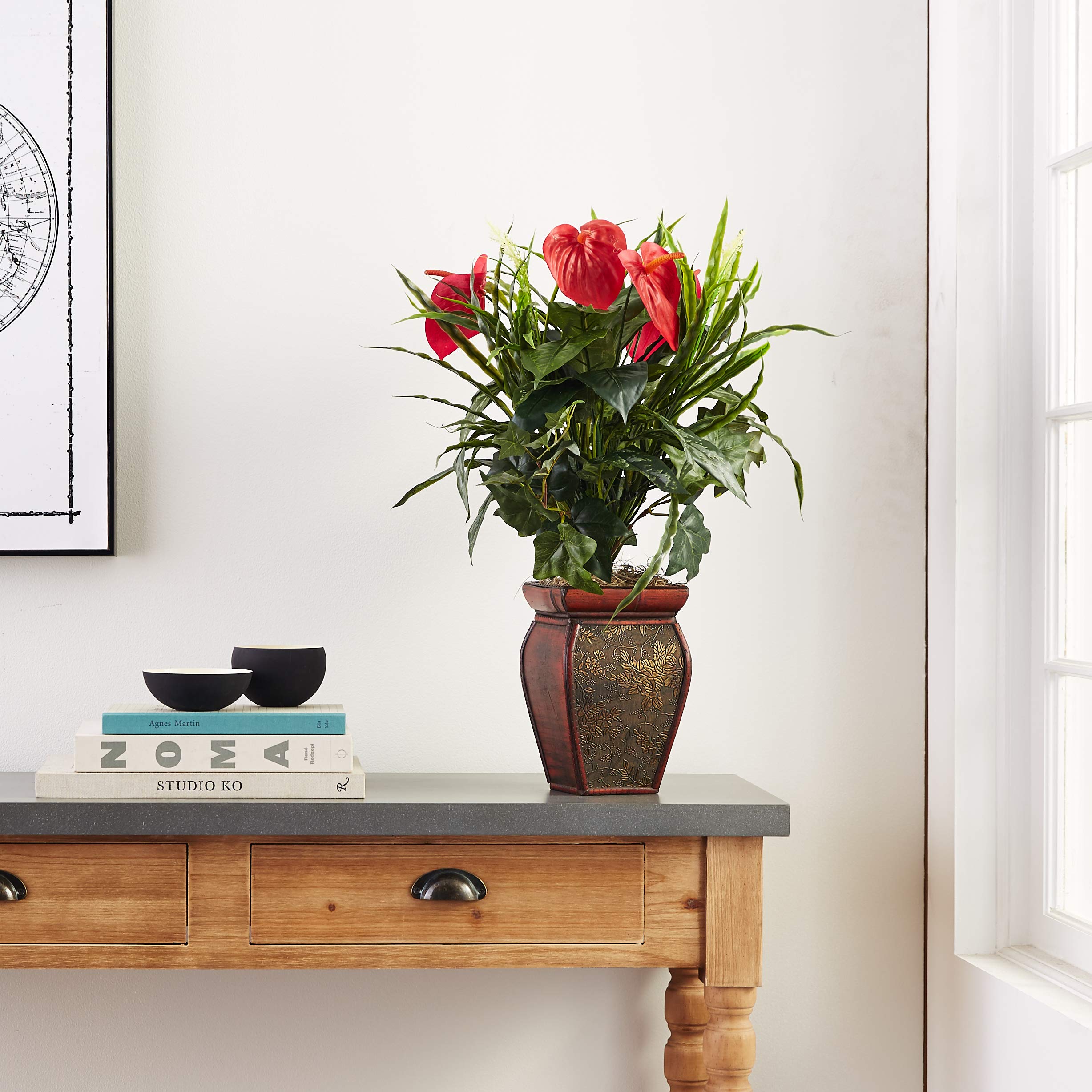 Nearly Natural Mixed Greens & Anthurium Artificial Silk Plant in Decorative Vase - Perfect for Home Office Decor, Wedding Centerpieces & Indoor Greenery