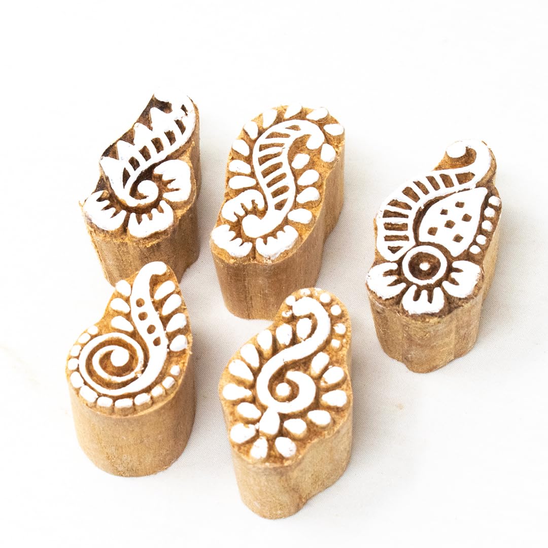 Hashcart Small Wooden Stamp Block Set - 5 Handmade Printing Stamps for Saree Borders, Dresses, Craft Cards, Scrapbooking & Clay Pottery | DIY Art Projects, Fabric Printing & Home Decor