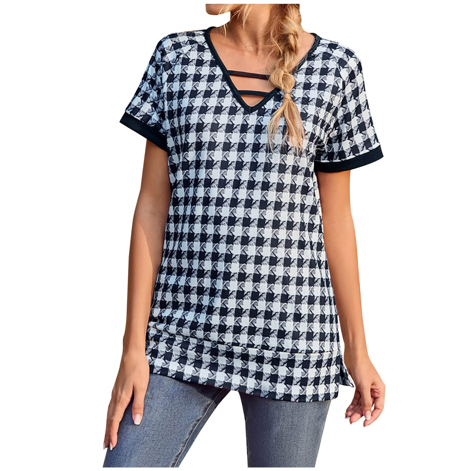 Women's Summer Tunic Tops - Short Sleeve Plaid Print V-Neck Casual T-Shirt | Trendy Loose Comfortable Blouse for Everyday Wear | Perfect for Beach, Office & Weekend Outings