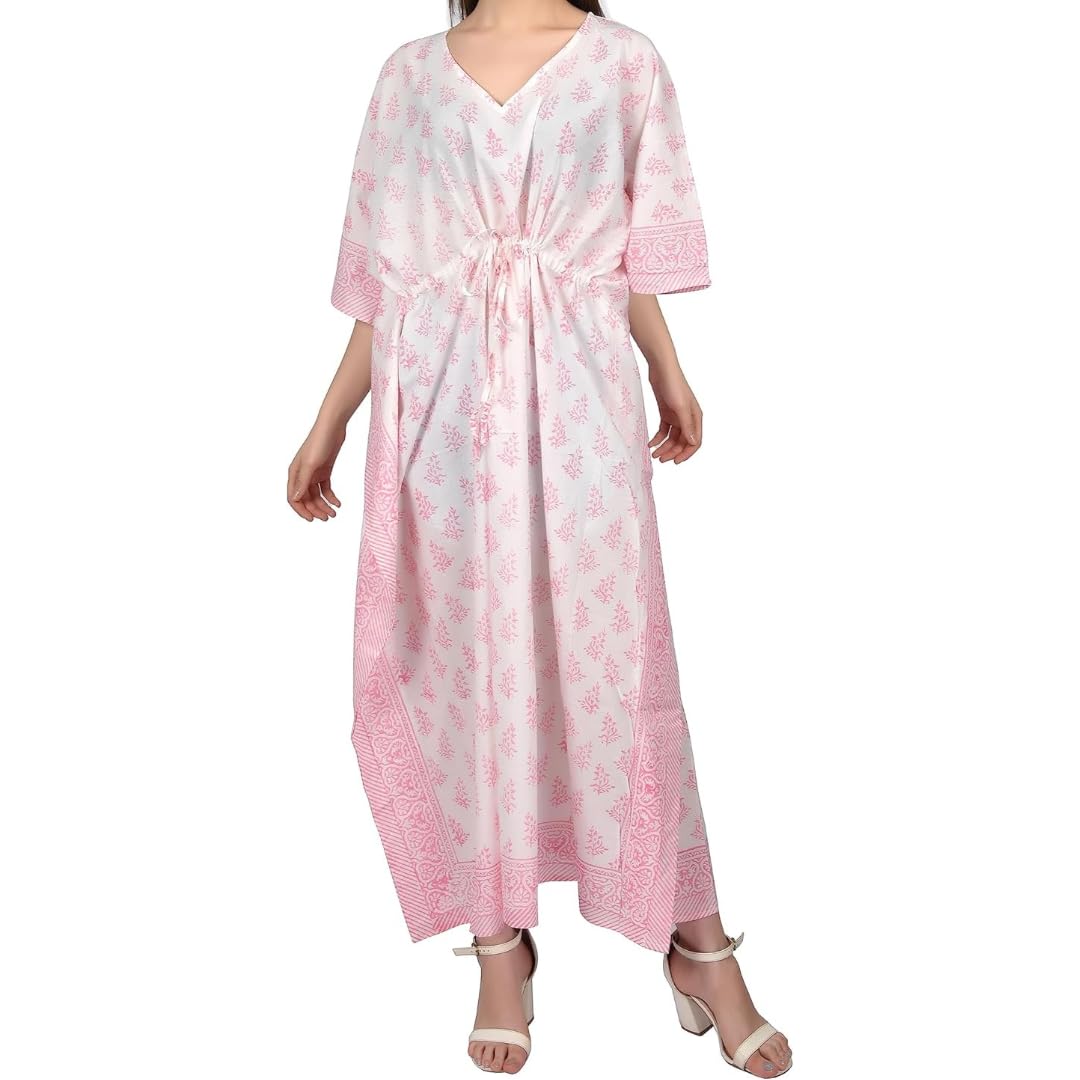 Handmade Cotton Block Print Caftan Dress - Boho Maxi Beach Cover Up, Women's Flowy Kaftan for Summer Vacation, Poolside Lounging & Evening Outfits