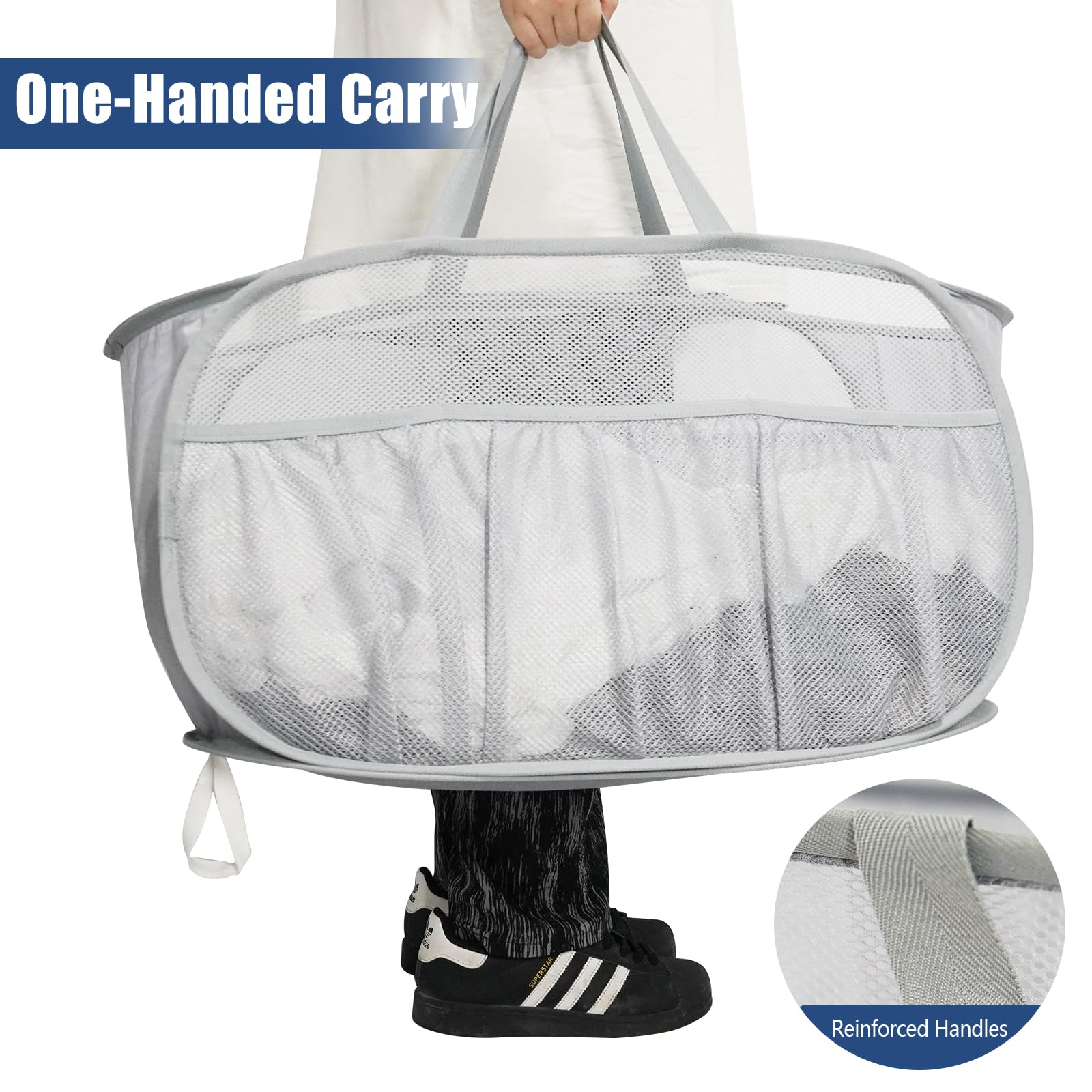 Upgrade Collapsible Laundry Basket with Mesh Bags - Foldable Pop Up Hamper for Clothes, Toys & Travel - Lightweight & Portable for Dorm, Home & Camping (Grey) | Perfect for Laundry Day, College Dorm Storage & Outdoor Adventures