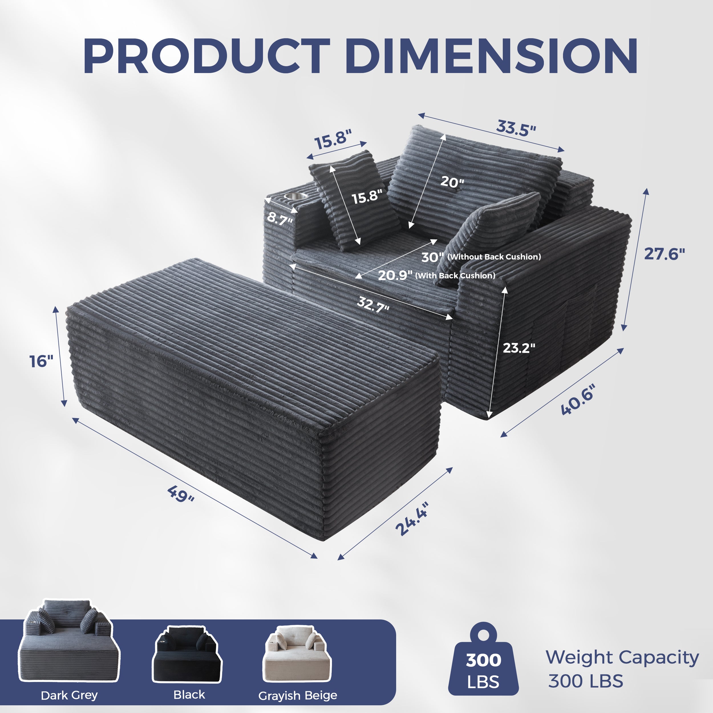 MAXYOYO Oversized Chaise Lounge Sofa - Modern Upholstered Living Room Chair with 3 Pillows & Ottoman | Comfortable Boneless Sofa Couch for Relaxing, Lounging & Napping | Deep Seat Sleeper Chair for Small Spaces & Apartments | Dark Grey No Assembly Required
