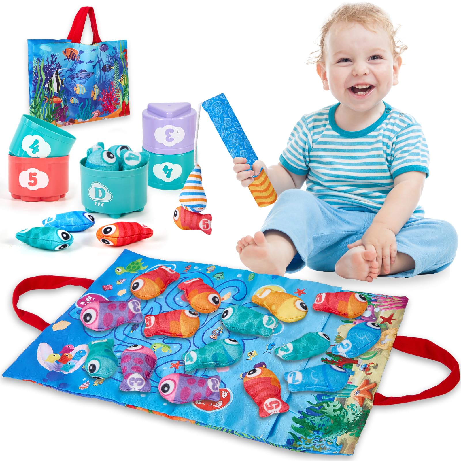 Montessori Fish Toys for Toddlers 1-3 Years - Educational Stacking Cups with Number Counting, Color Sorting & Shape Learning - Perfect Birthday Gift for 1-2 Year Old Boys & Girls - Great for Early Childhood Development & Sensory Play