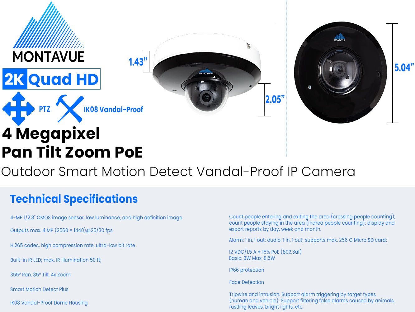 MTZ4040 IRAISMD 4MP 2K 30FPS PTZ Security Camera with 4x Optical Zoom & SMD+ Technology - Ideal for Home Surveillance, Business Monitoring, and Outdoor Security Systems
