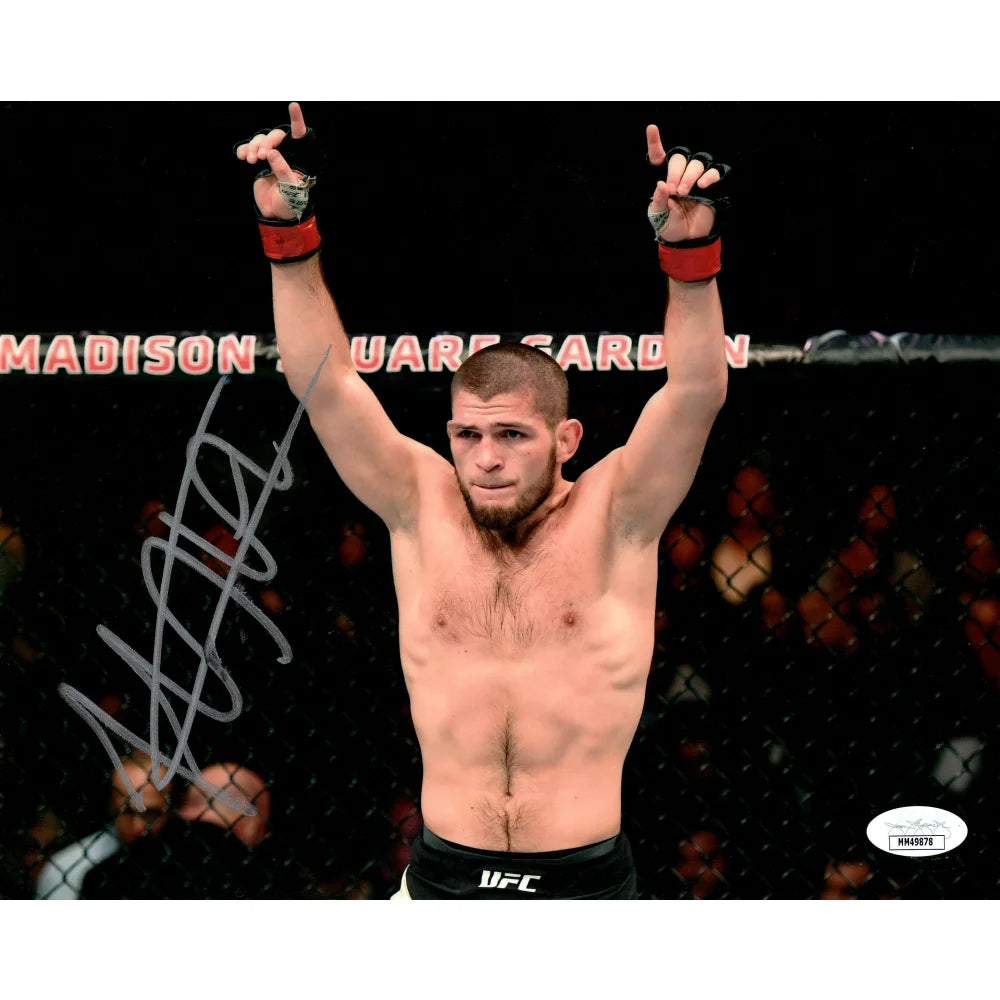 Authentic Khabib Nurmagomedov vs Conor McGregor UFC 8x10 Autographed Framed Photo with JSA COA - Perfect for MMA Fans, Sports Memorabilia Collectors, and Man Cave Decor