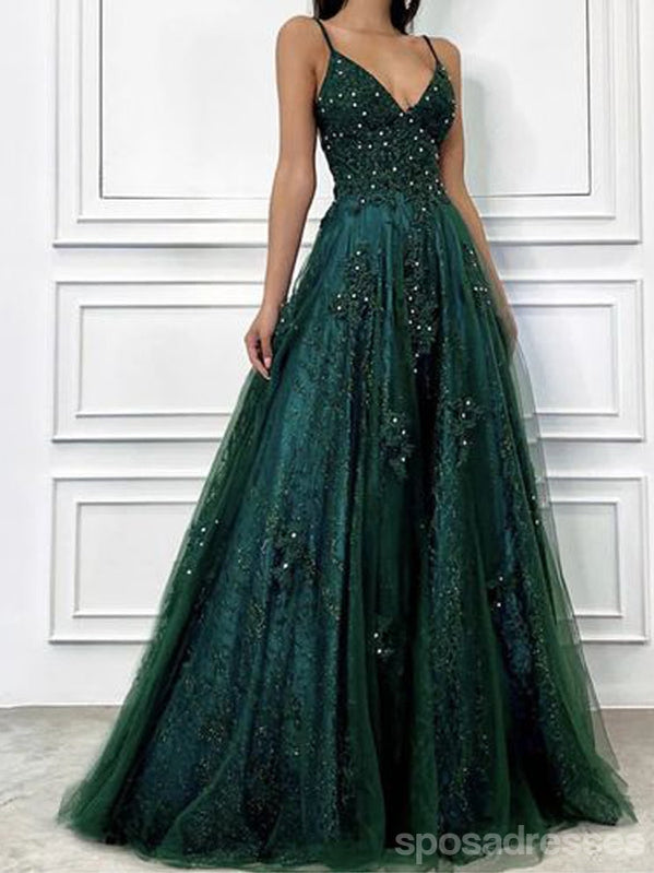 Elegant Green A-Line Spaghetti Strap V-Neck Maxi Long Prom Dress for Women - Perfect for Formal Events, Evening Parties & Special Occasions
