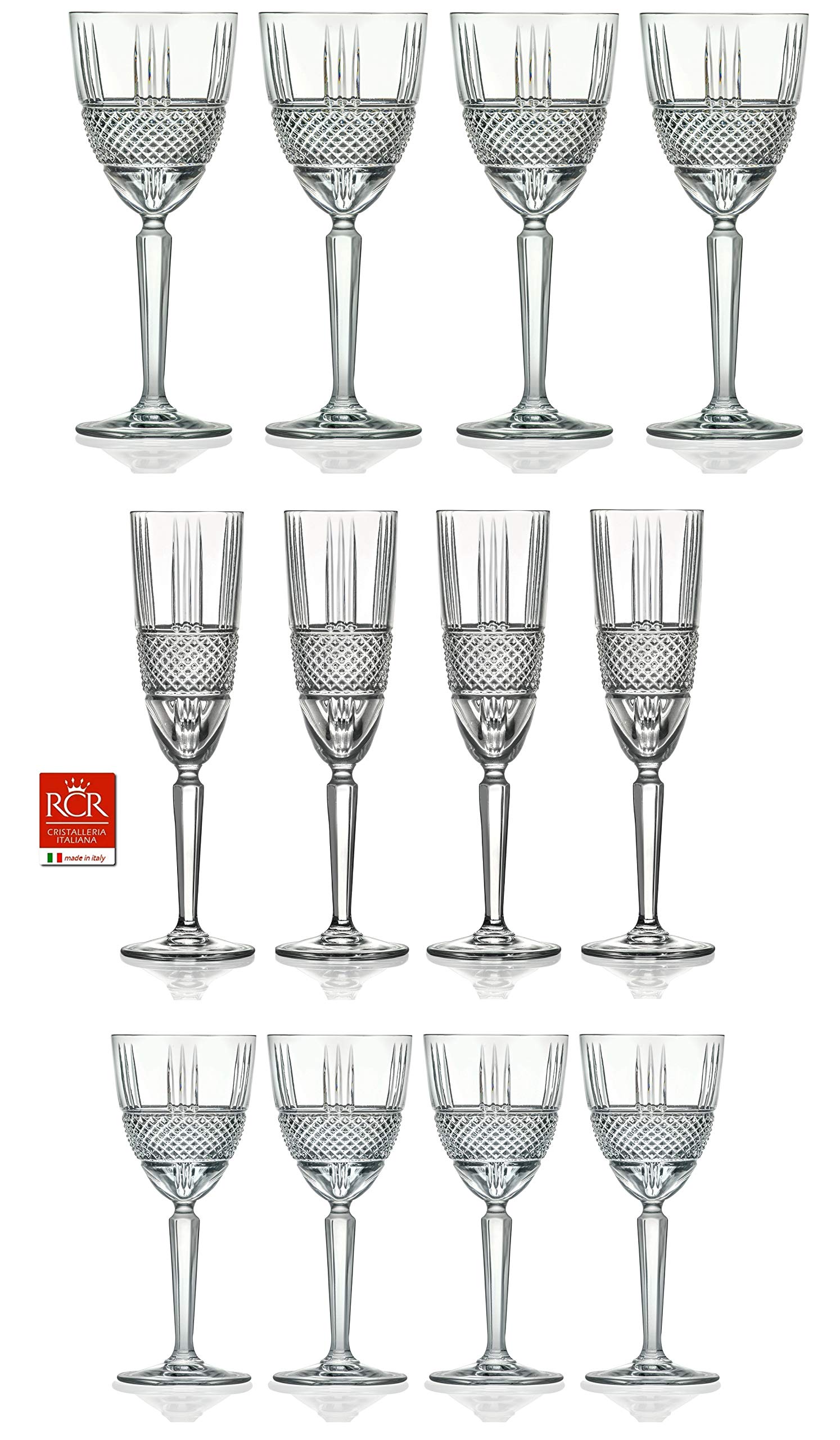 Premium RCR Cristalleria Italiana 12-Piece Crystal Glass Drinkware Set - Elegant Champagne Flutes, Water Goblets & Wine Glasses for Weddings, Parties & Fine Dining